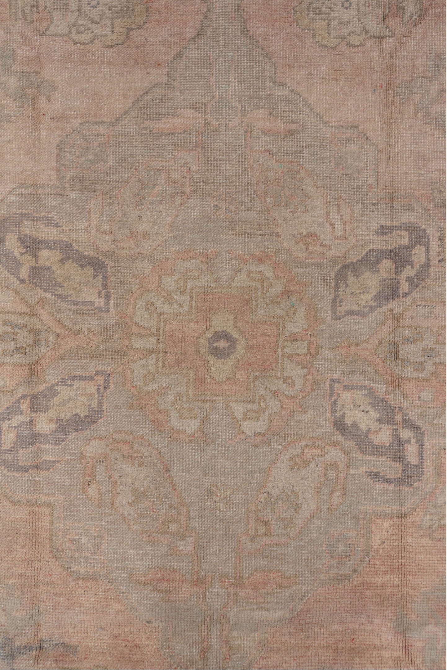 6' x 10' one-of-a-kind handmade vintage Oushak large size rug. Color palette: blush, taupe, ivory, sage, lavender, rose