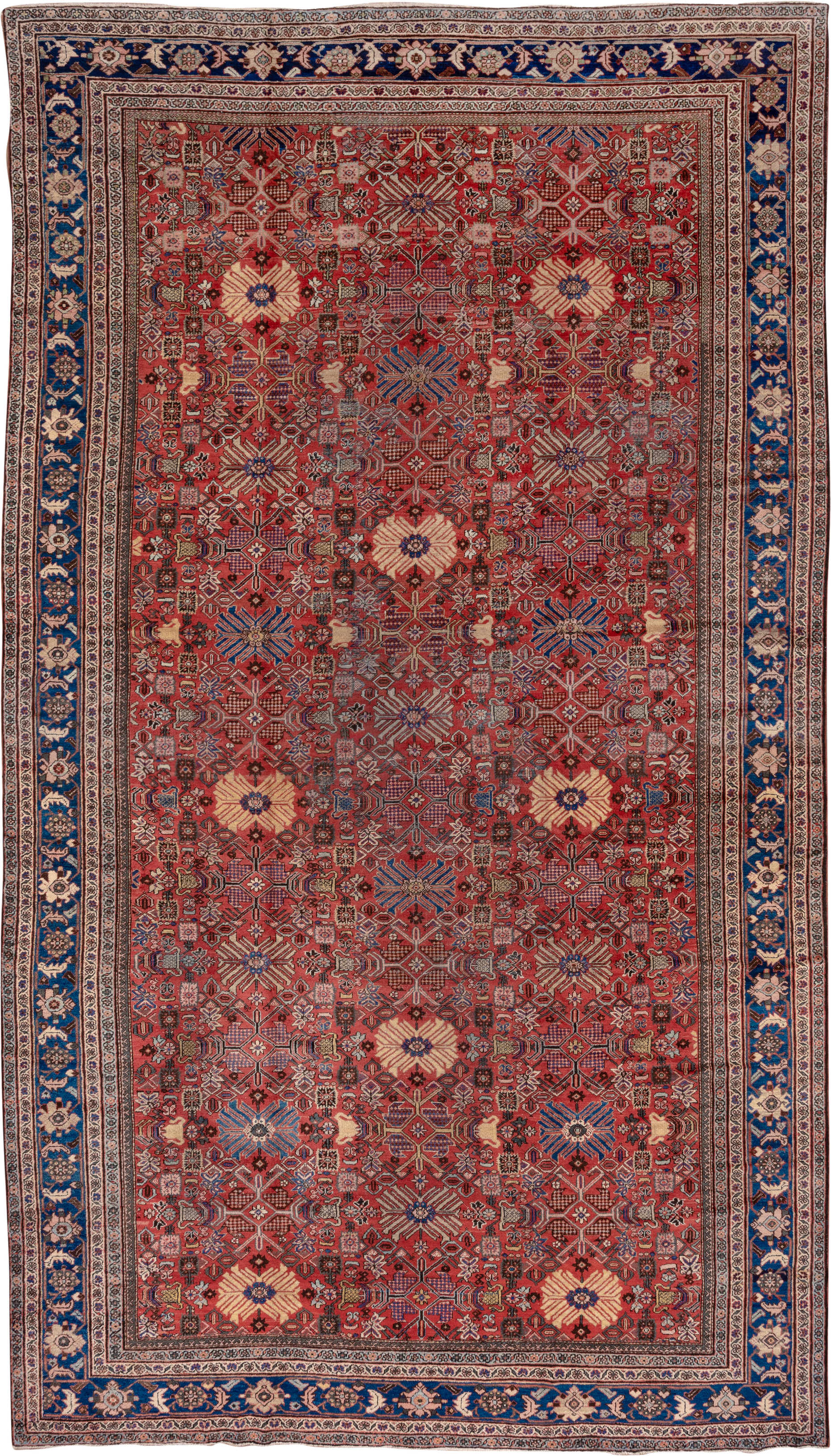 11' x 19' one-of-a-kind handmade vintage Mahal oversize rug. Color palette: red, navy, ivory, slate, rose, camel, charcoal