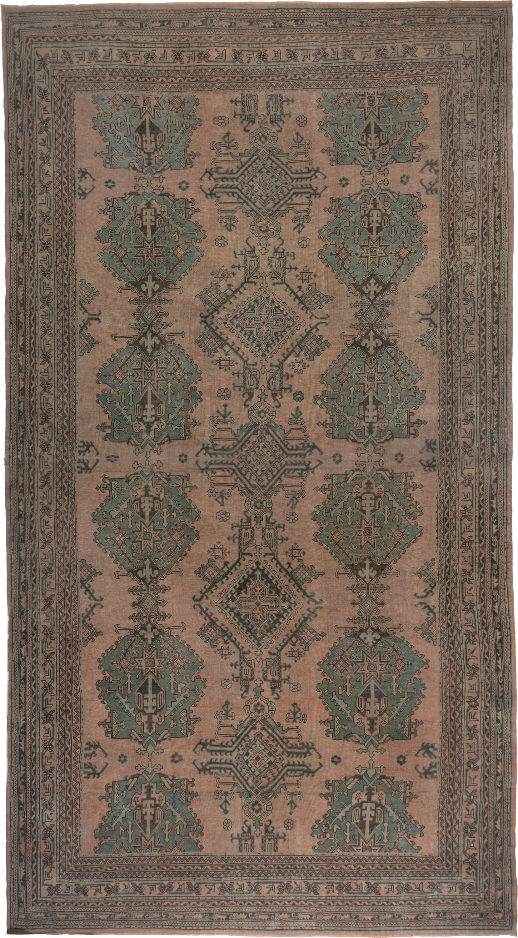 13' x 23' one-of-a-kind handmade vintage Oushak oversize rug. Color palette: taupe, dusty rose, teal, charcoal, brown, sage