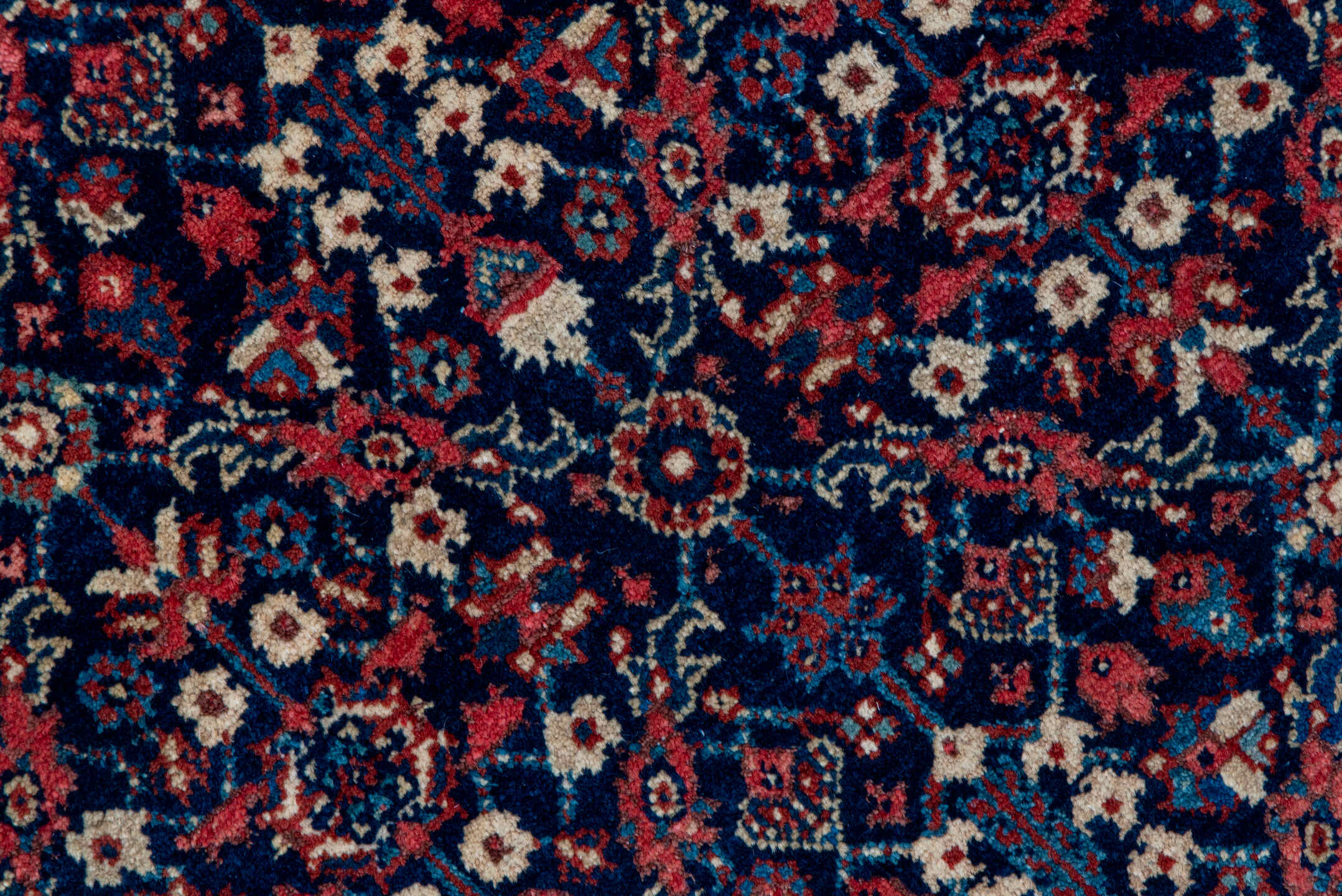 4' x 6' one-of-a-kind handmade antique Meighan small size rug. Color palette: navy, rust, ivory, crimson, slate, coral, blue