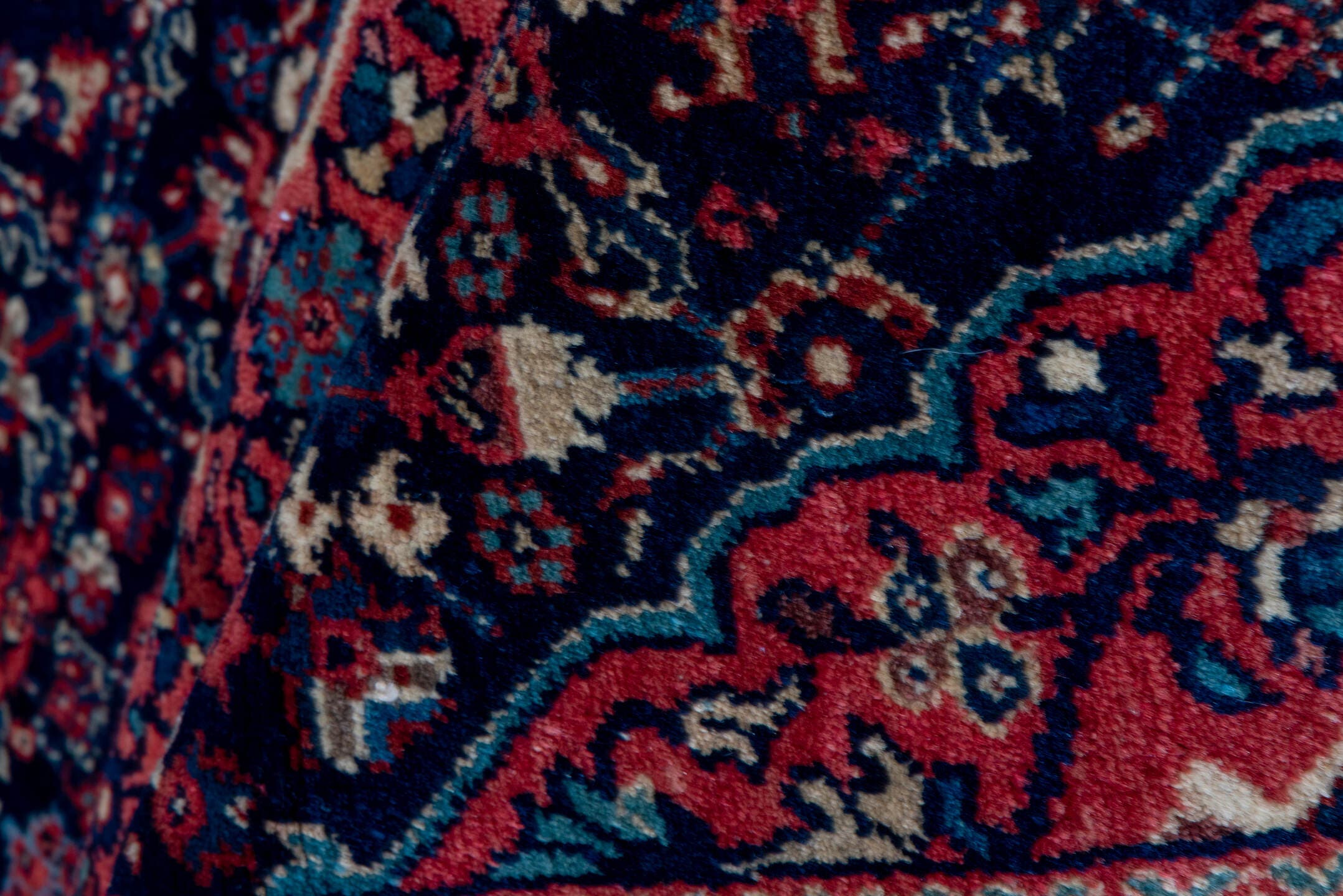 4' x 6' one-of-a-kind handmade antique Meighan small size rug. Color palette: navy, rust, ivory, crimson, slate, coral, blue