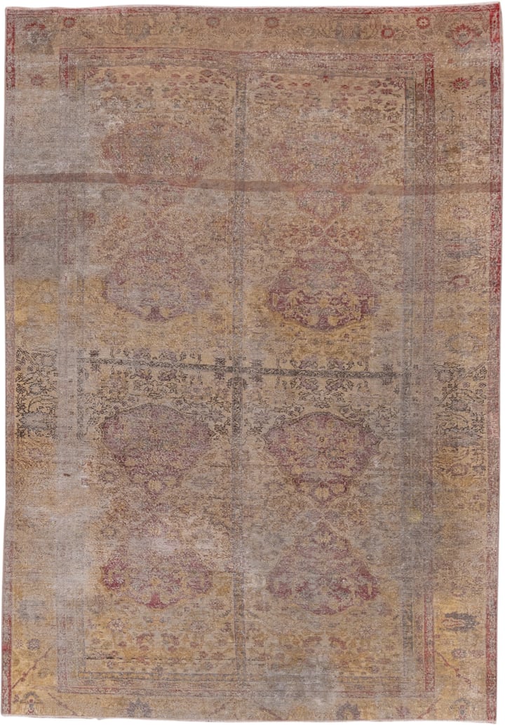 5' x 8' one-of-a-kind handmade vintage Sivas medium size rug. Color palette: tan, taupe, rose, gold, beige, dusty pink
