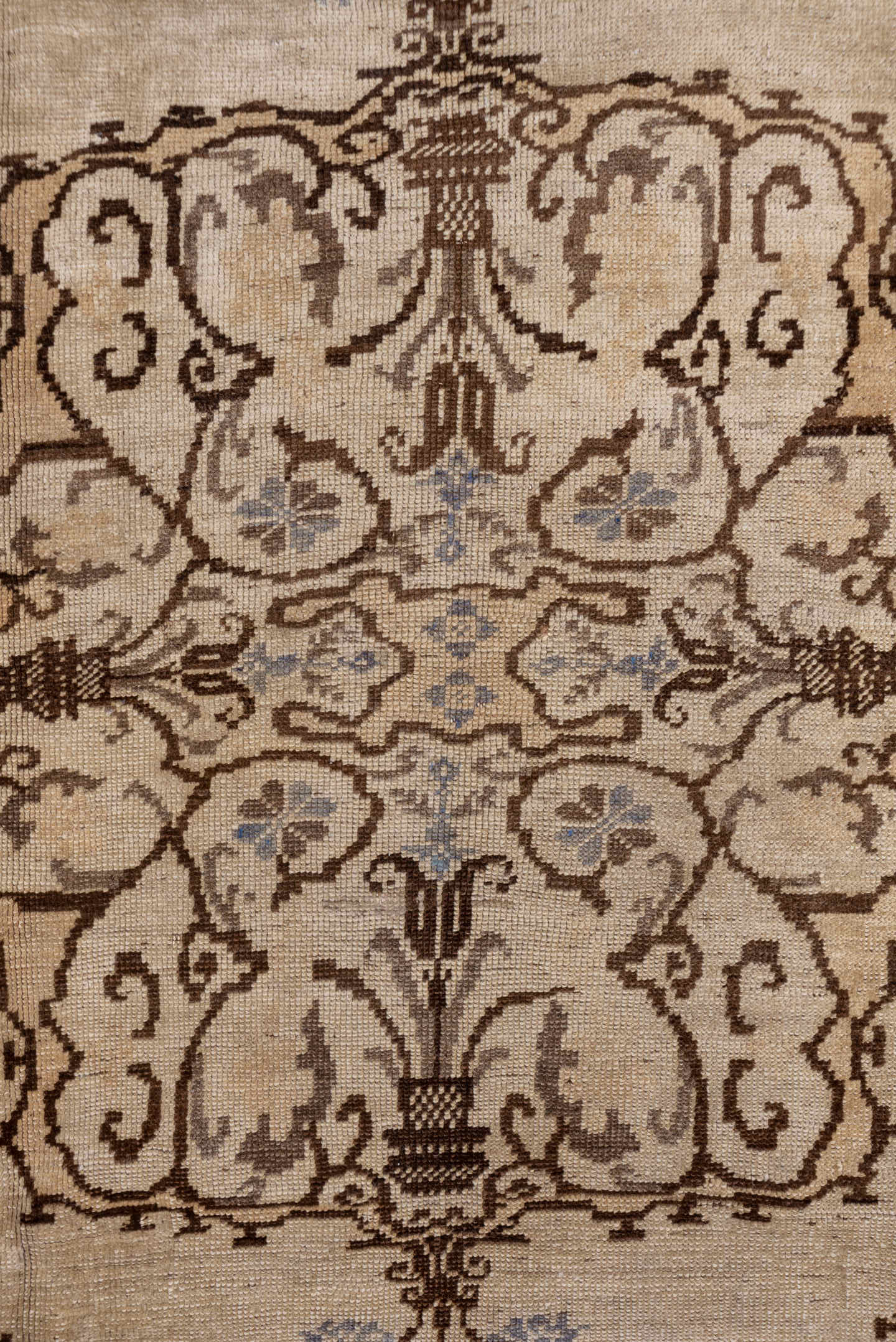 6' x 9' one-of-a-kind handmade vintage Oushak medium size rug. Color palette: ivory, brown, taupe, pale blue, beige, gray