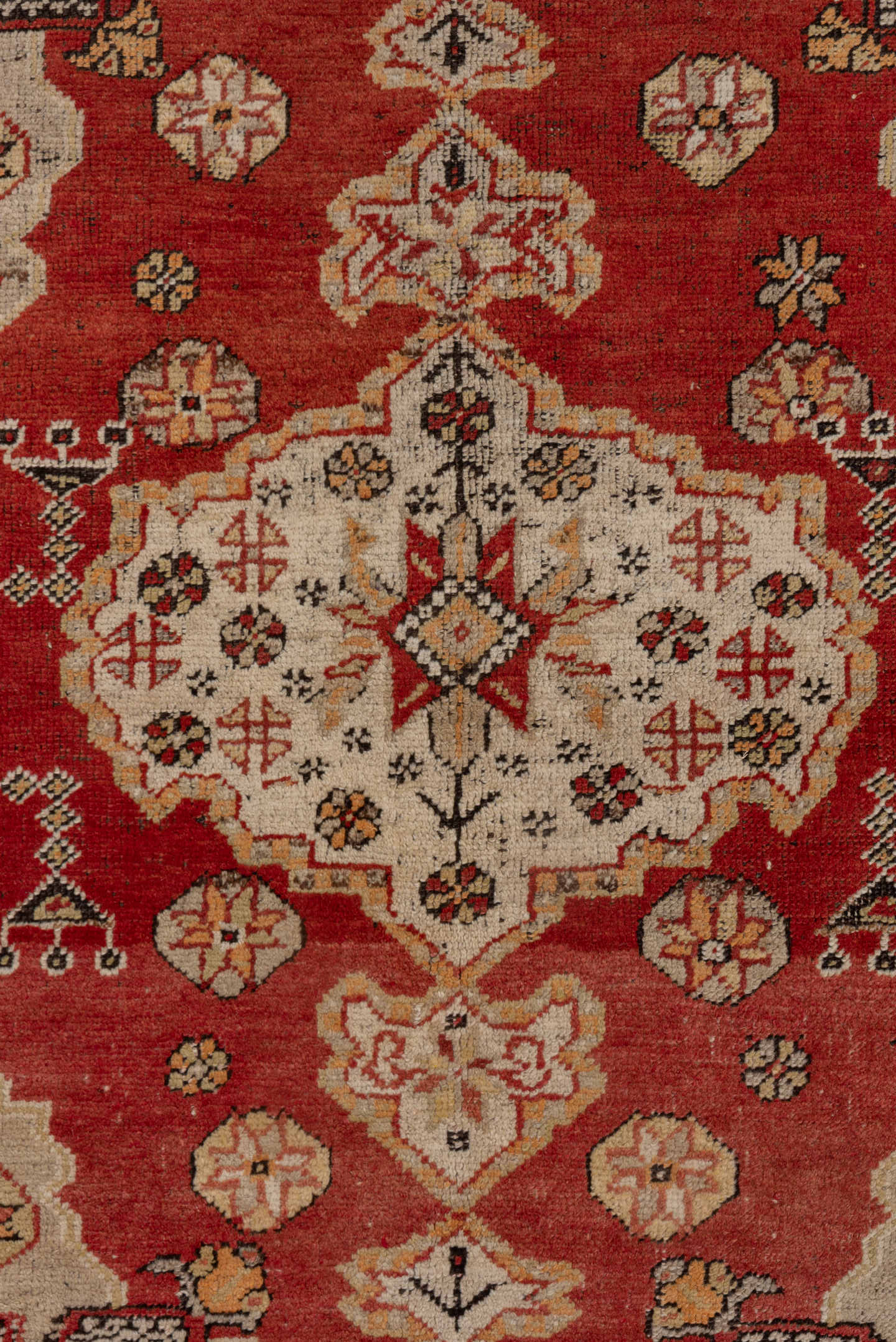 3' x 4' one-of-a-kind handmade vintage Oushak small size rug. Color palette: rust, ivory, burgundy, gold, camel, charcoal