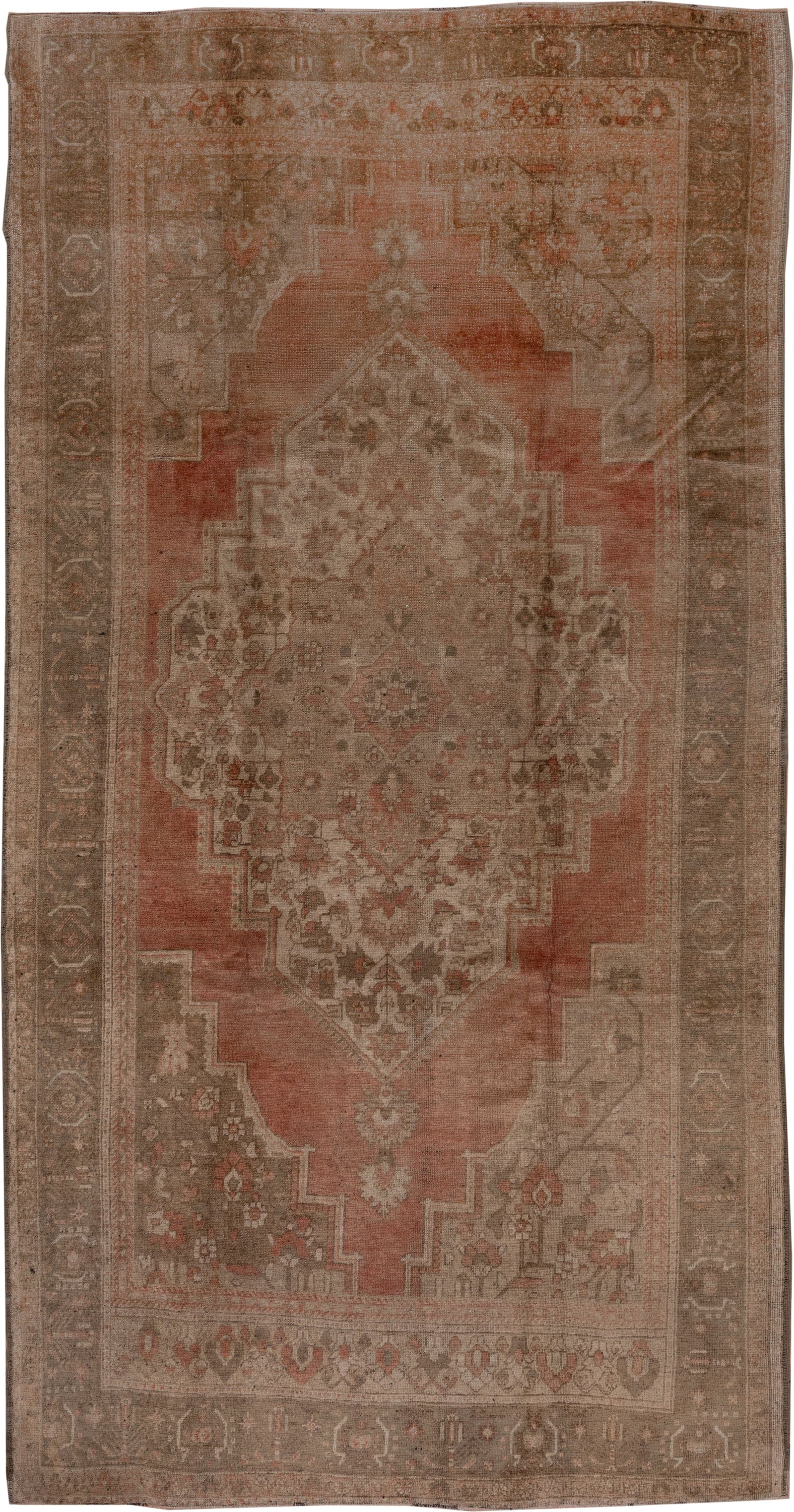 6' x 11' one-of-a-kind handmade vintage Oushak large size rug. Color palette: taupe, terracotta, rose, beige, brown, ivory