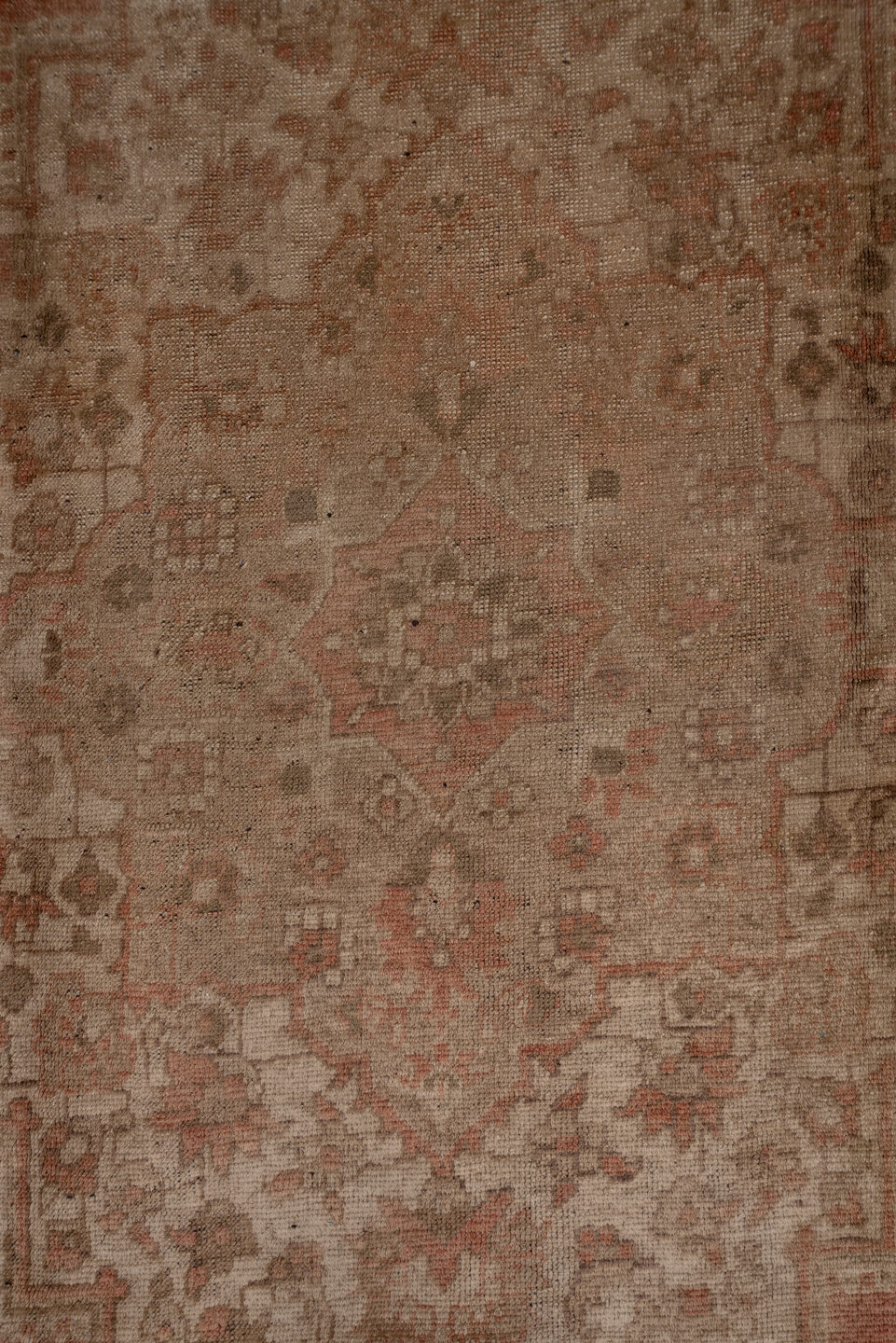 6' x 11' one-of-a-kind handmade vintage Oushak large size rug. Color palette: taupe, terracotta, rose, beige, brown, ivory
