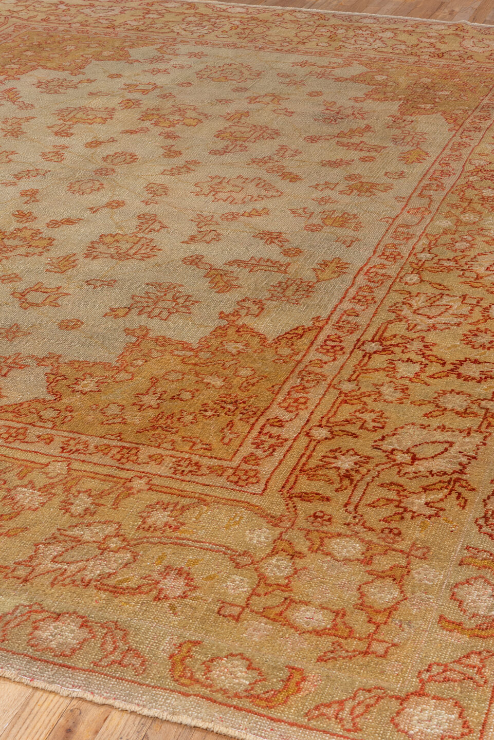 9' x 11' one-of-a-kind handmade antique Oushak large size rug. Color palette: ivory, beige, sand, terra cotta, rust, camel