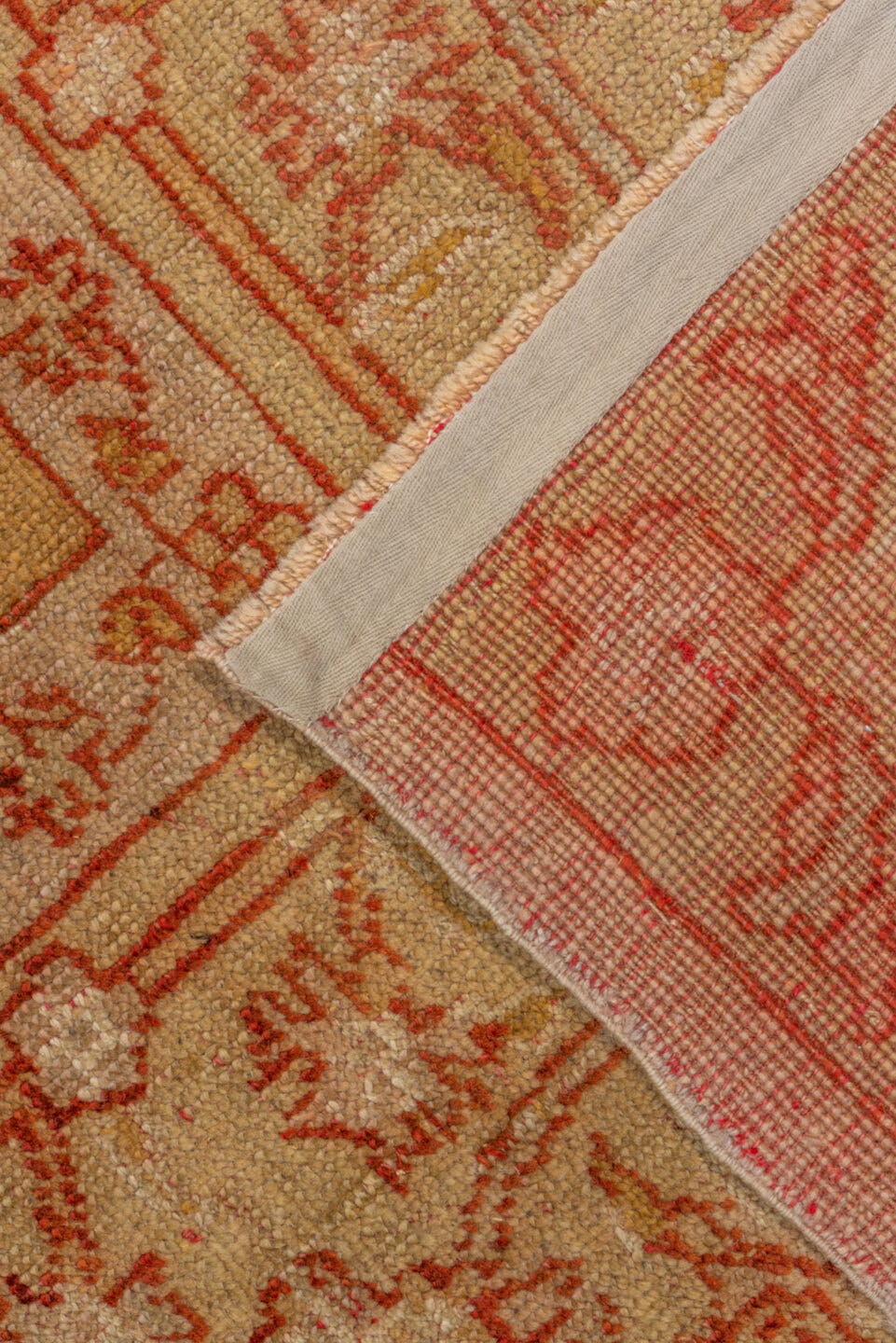 9' x 11' one-of-a-kind handmade antique Oushak large size rug. Color palette: ivory, beige, sand, terra cotta, rust, camel