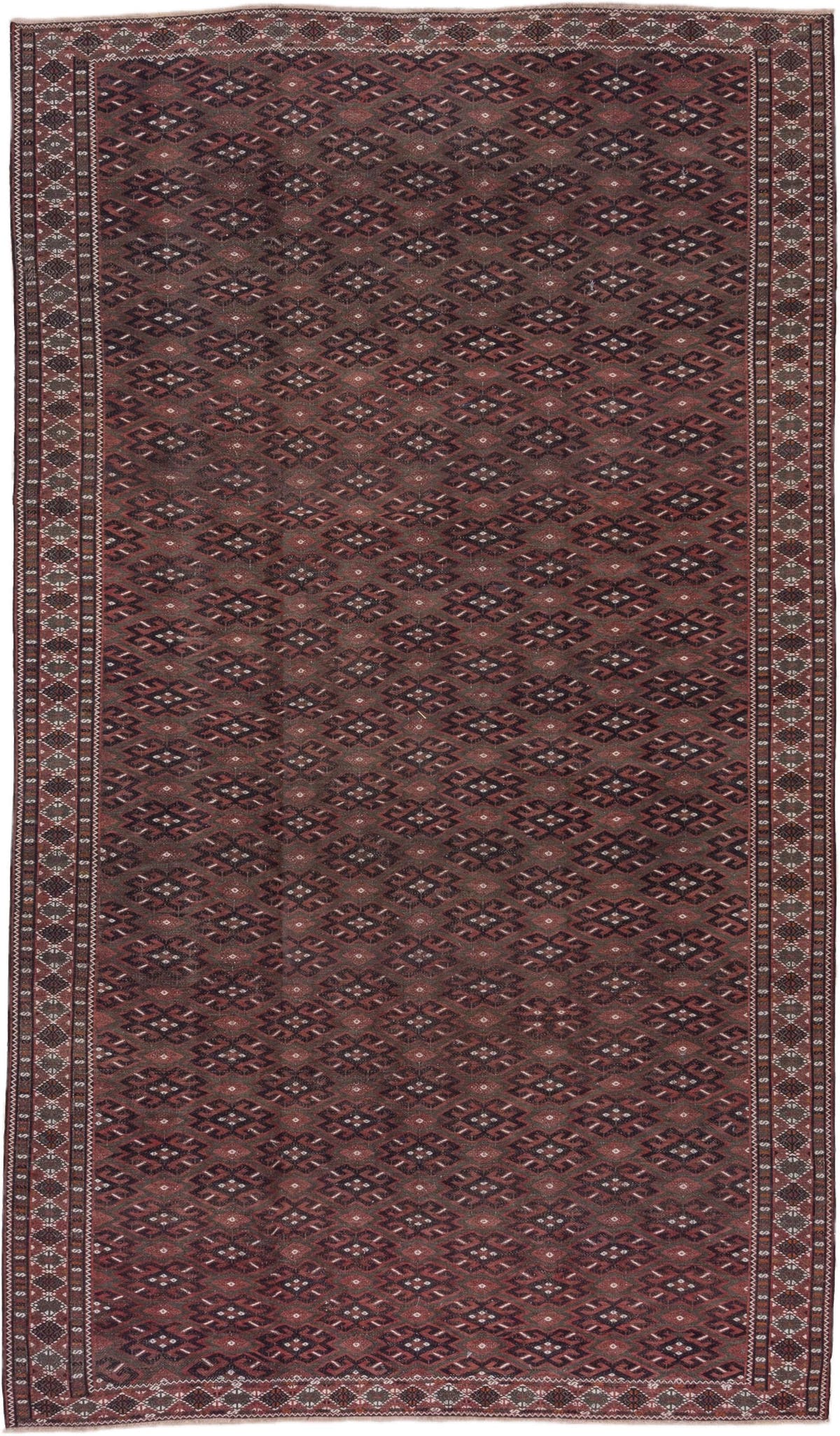 6' x 11' one-of-a-kind handmade vintage Kilim large size rug. Color palette: burgundy, brown, charcoal, ivory, rust, taupe