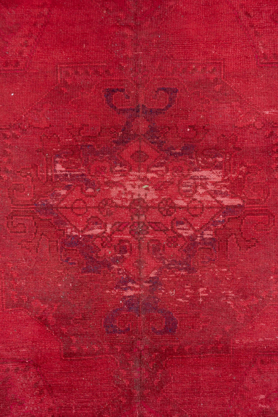 8' x 9' one-of-a-kind handmade vintage Overdyed rug. Color palette: crimson, rose, burgundy, raspberry, pink, red