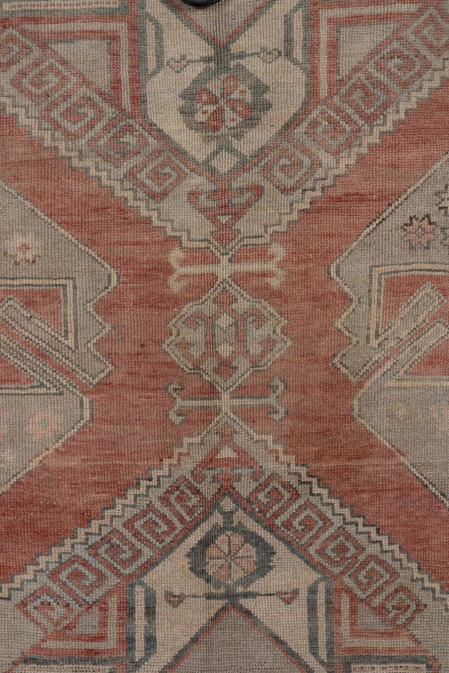 4' x 11' one-of-a-kind handmade vintage Oushak runner rug. Color palette: terra cotta, taupe, sage, ivory, rose, charcoal