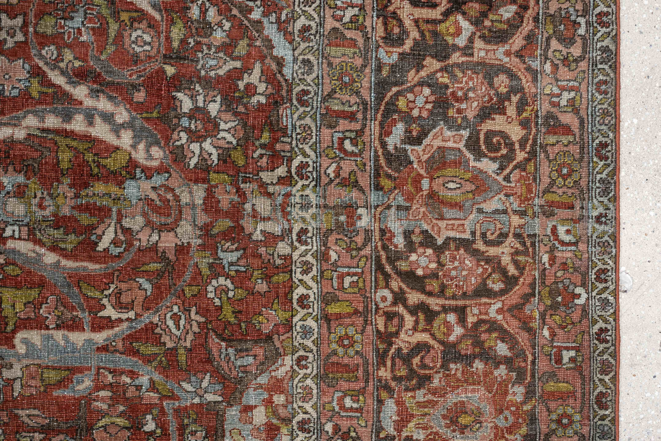 10' x 15' one-of-a-kind handmade antique Baktiary oversize rug. Color palette: terracotta, ivory, charcoal, sky blue, taupe