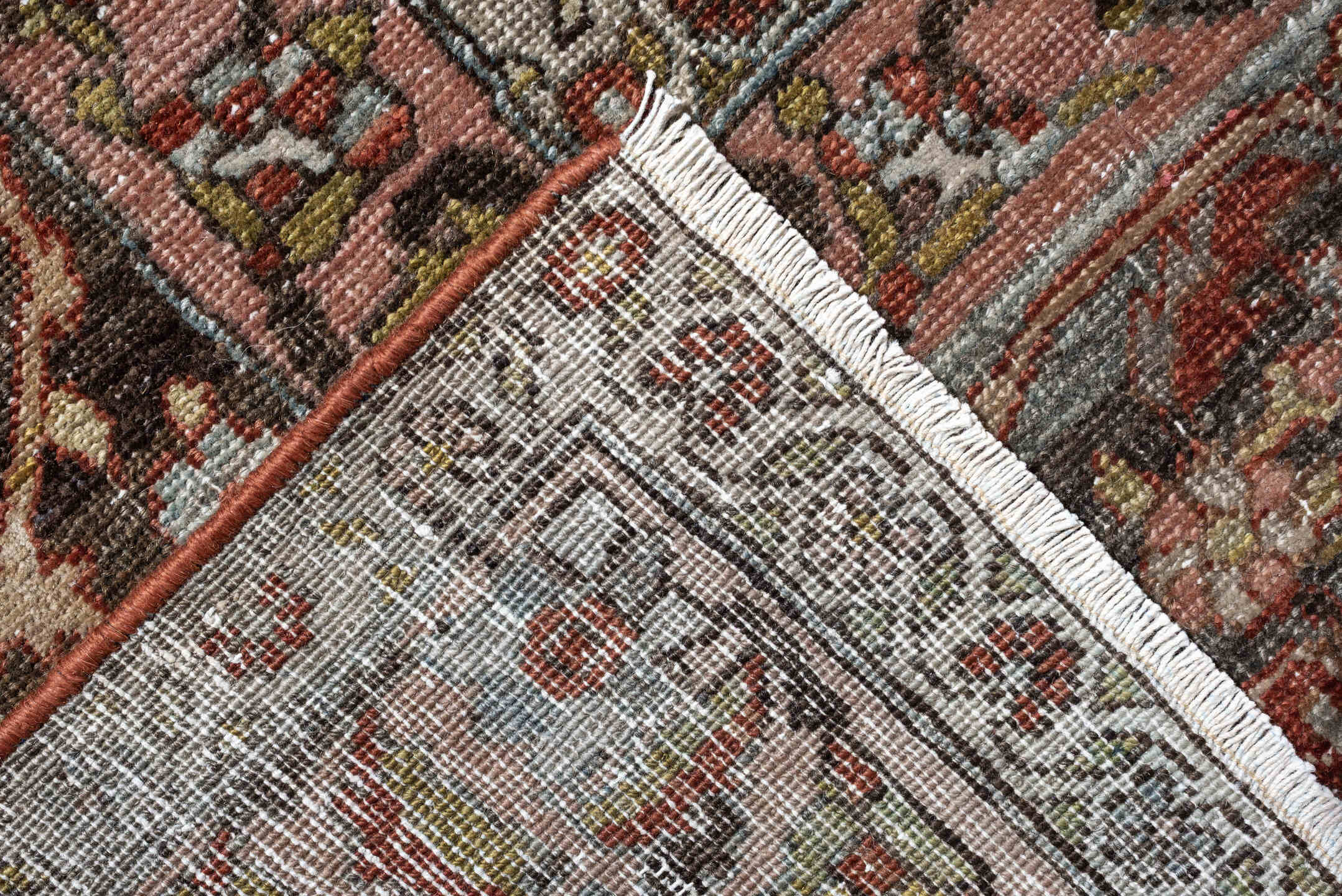 10' x 15' one-of-a-kind handmade antique Baktiary oversize rug. Color palette: terracotta, ivory, charcoal, sky blue, taupe