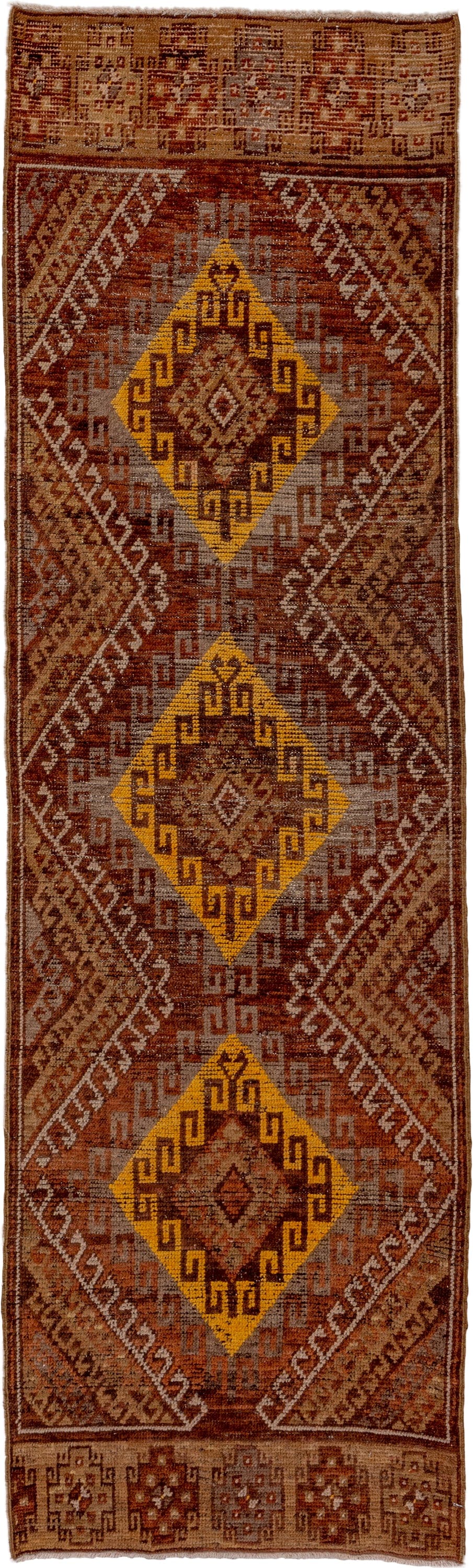 2' x 8' one-of-a-kind handmade vintage Oushak runner rug. Color palette: brown, rust, gold, taupe, camel, ivory, ochre