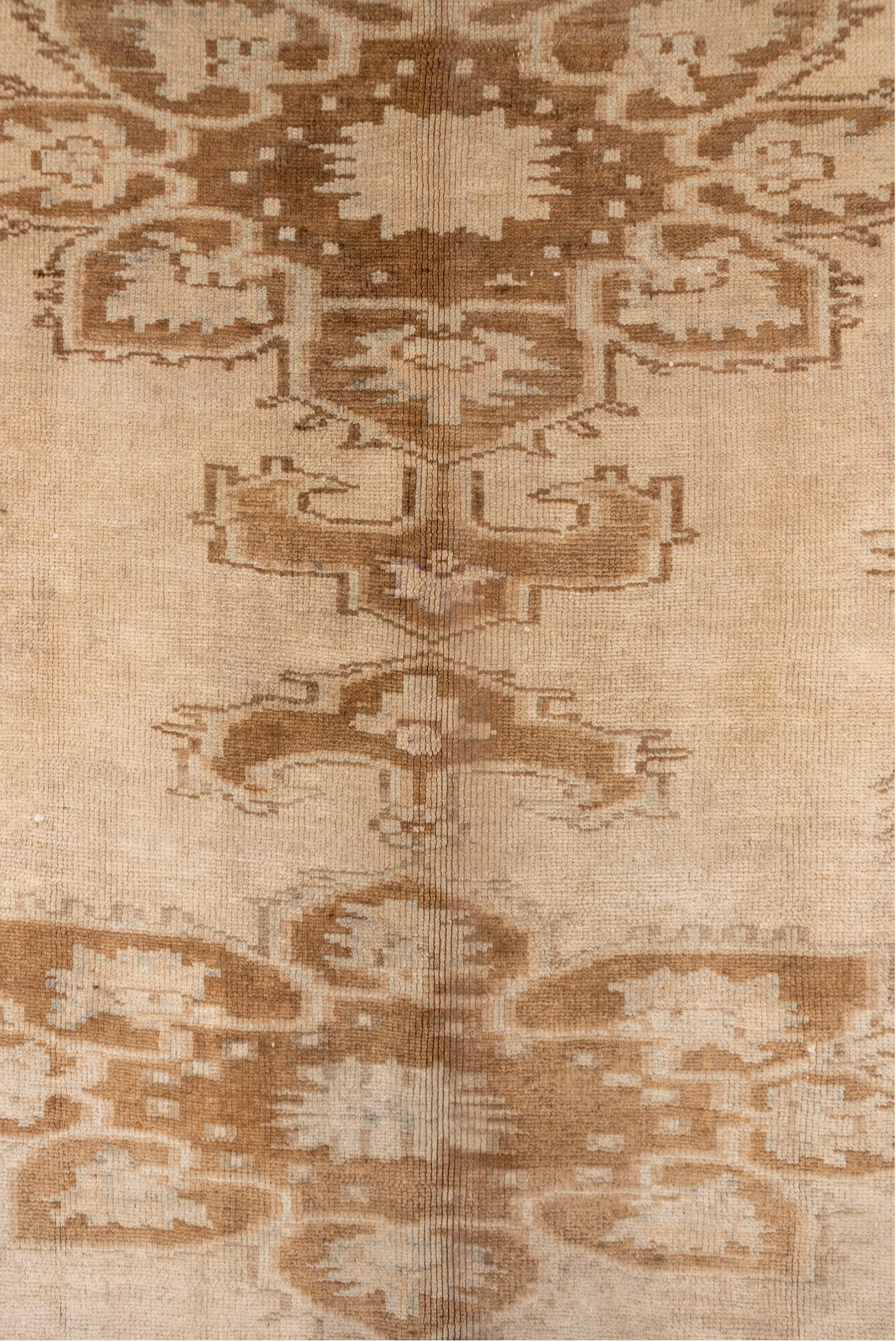 6' x 14' one-of-a-kind handmade vintage Oushak large size rug. Color palette: ivory, taupe, camel, brown, beige, gray