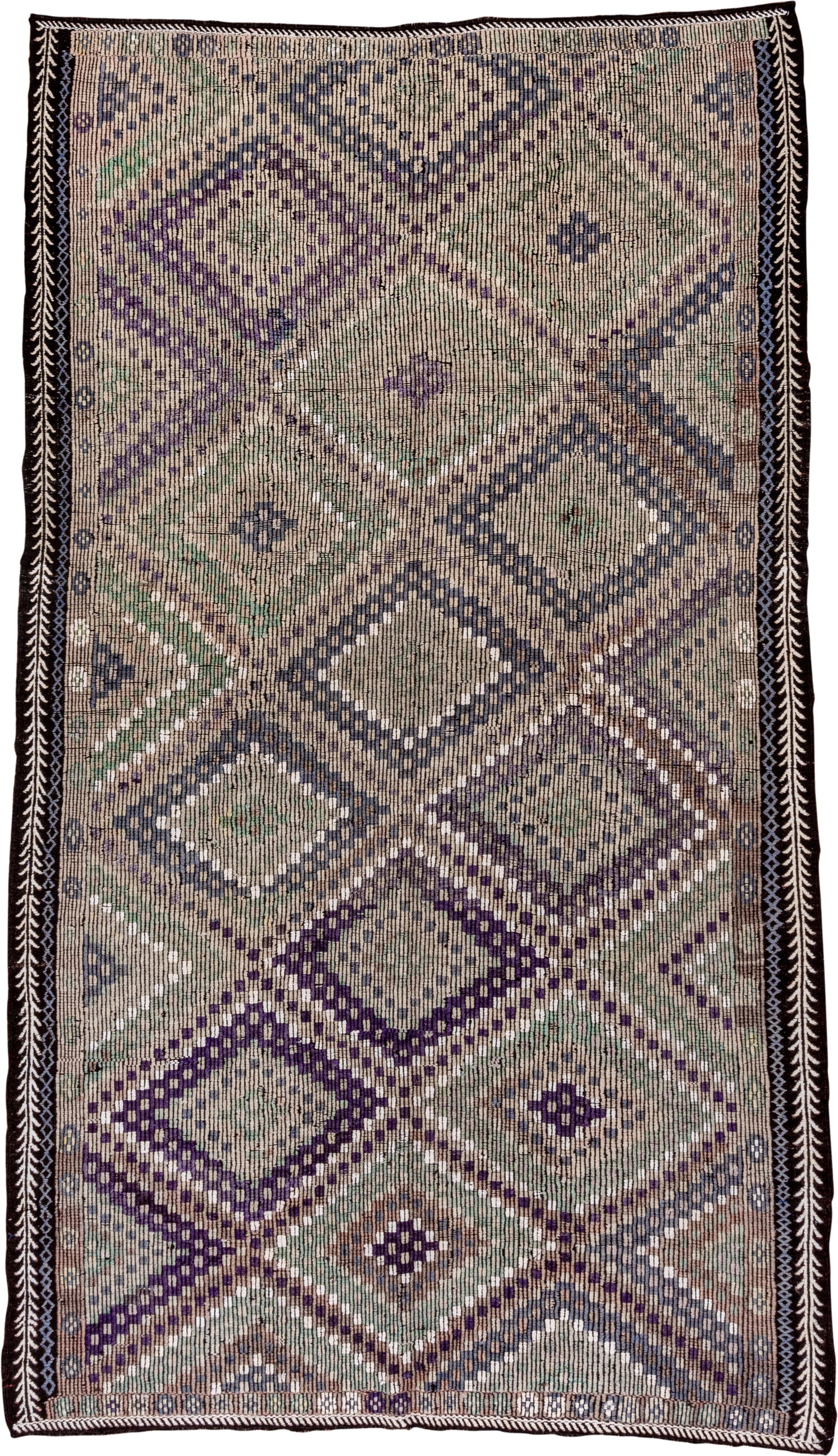 6' x 11' one-of-a-kind handmade vintage Jijim large size rug. Color palette: taupe, indigo, ivory, violet, sage, brown