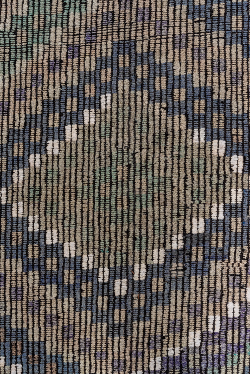 6' x 11' one-of-a-kind handmade vintage Jijim large size rug. Color palette: taupe, indigo, ivory, violet, sage, brown