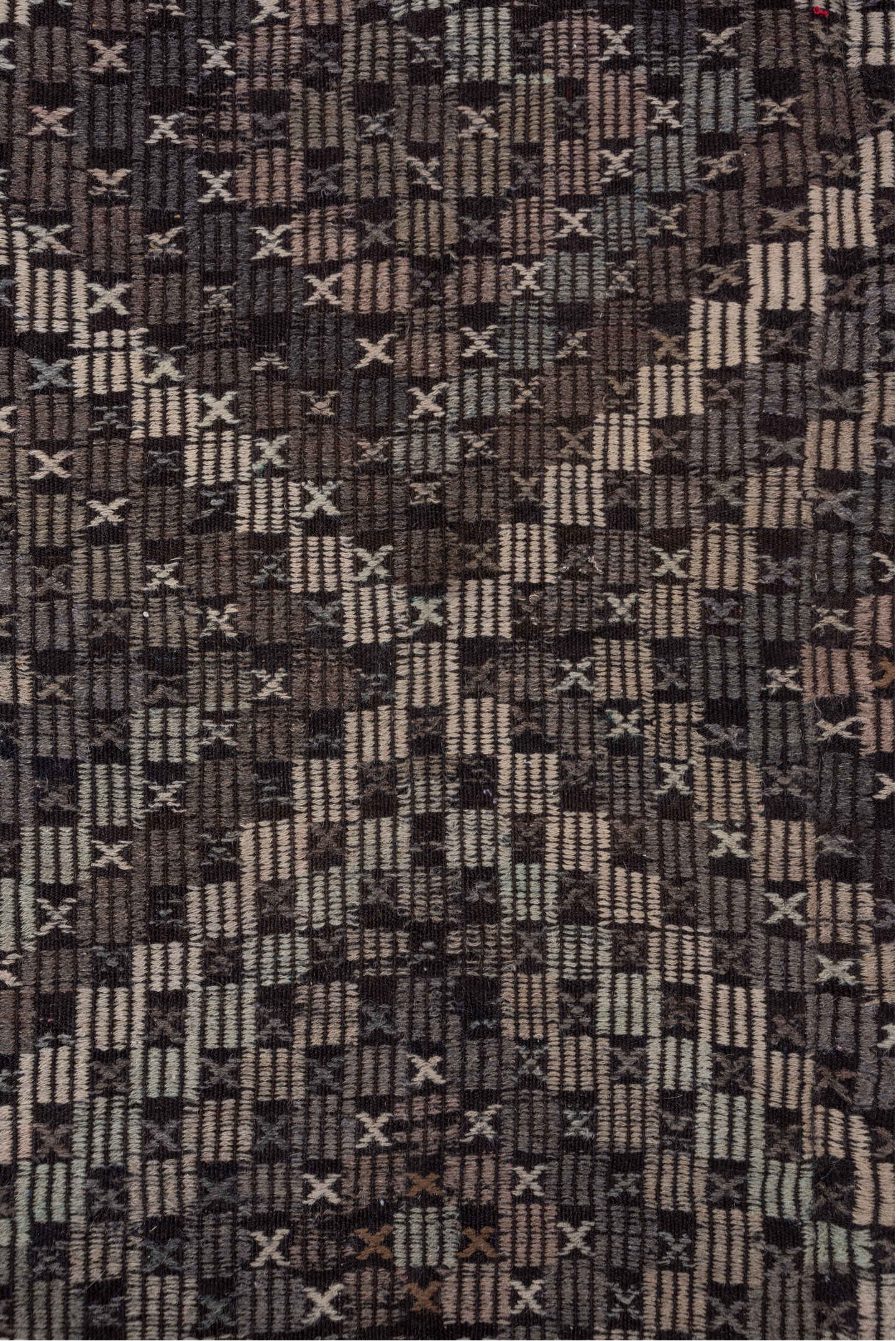 7' x 9' one-of-a-kind handmade vintage Jijim rug. Color palette: charcoal, ivory, slate, taupe, brown, gray, black, beige