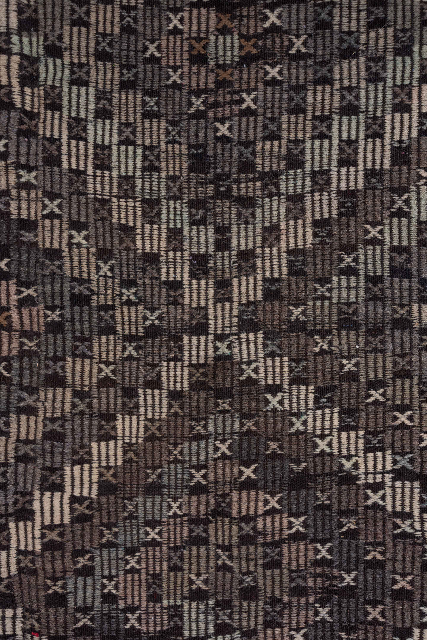 7' x 9' one-of-a-kind handmade vintage Jijim rug. Color palette: charcoal, ivory, slate, taupe, brown, gray, black, beige
