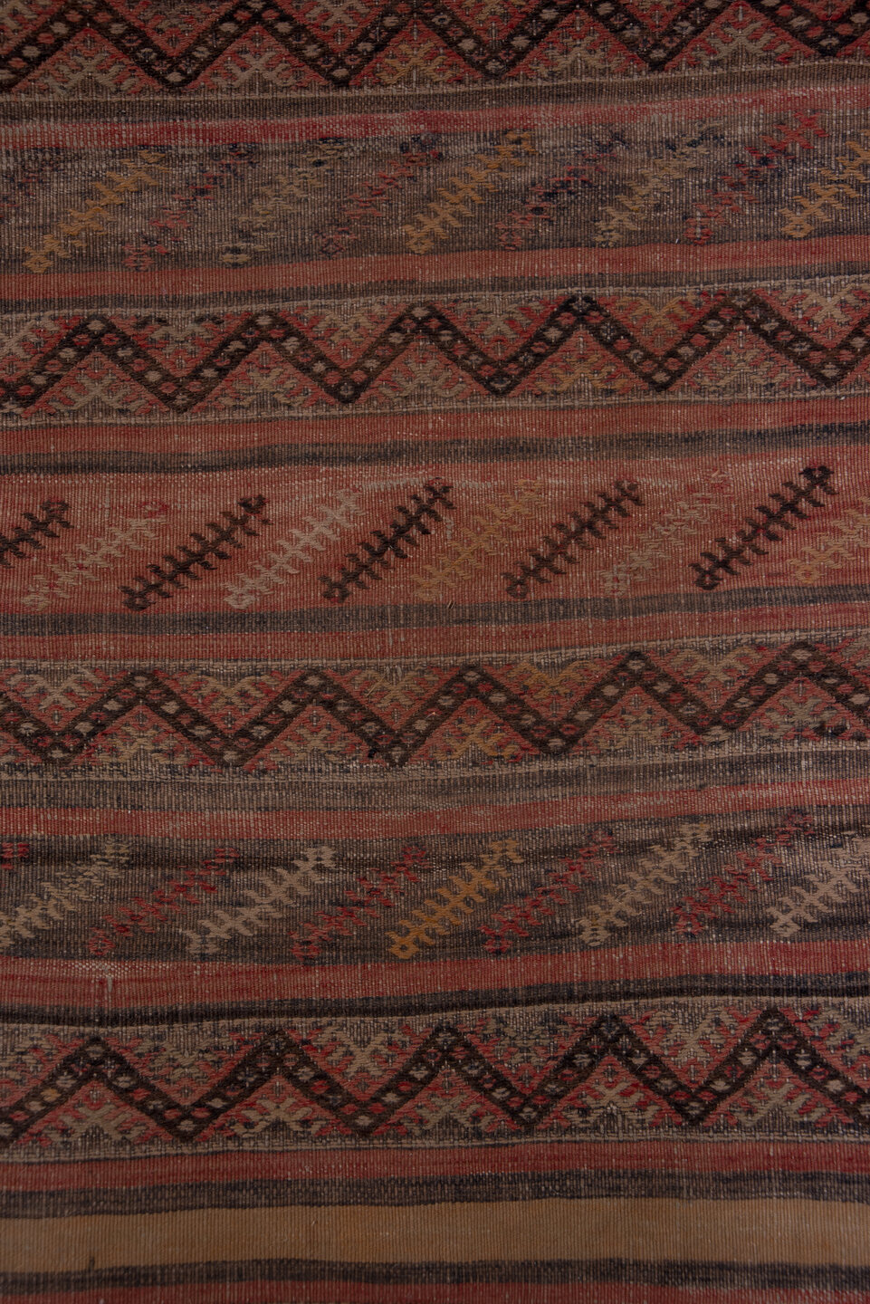 2' x 15' one-of-a-kind handmade vintage Jijim runner rug. Color palette: rust, charcoal, camel, terra cotta, taupe, burgundy