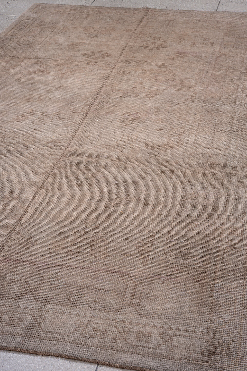 5' x 10' one-of-a-kind handmade antique Oushak medium size rug. Color palette: taupe, beige, ivory, camel, sand, light brown