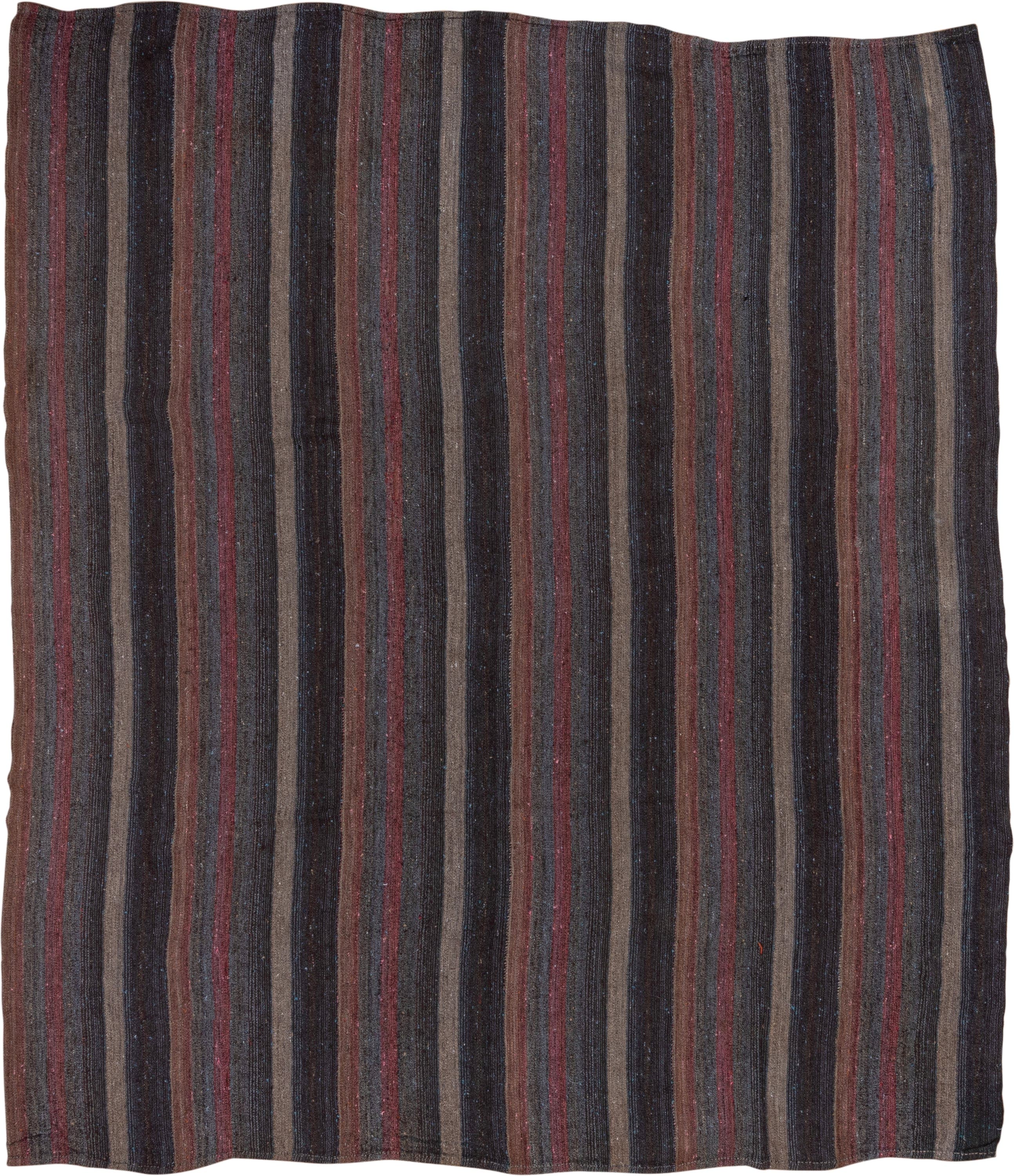 9' x 10' one-of-a-kind handmade vintage Kilim large size rug. Color palette: charcoal, taupe, brown, rust, slate, gray