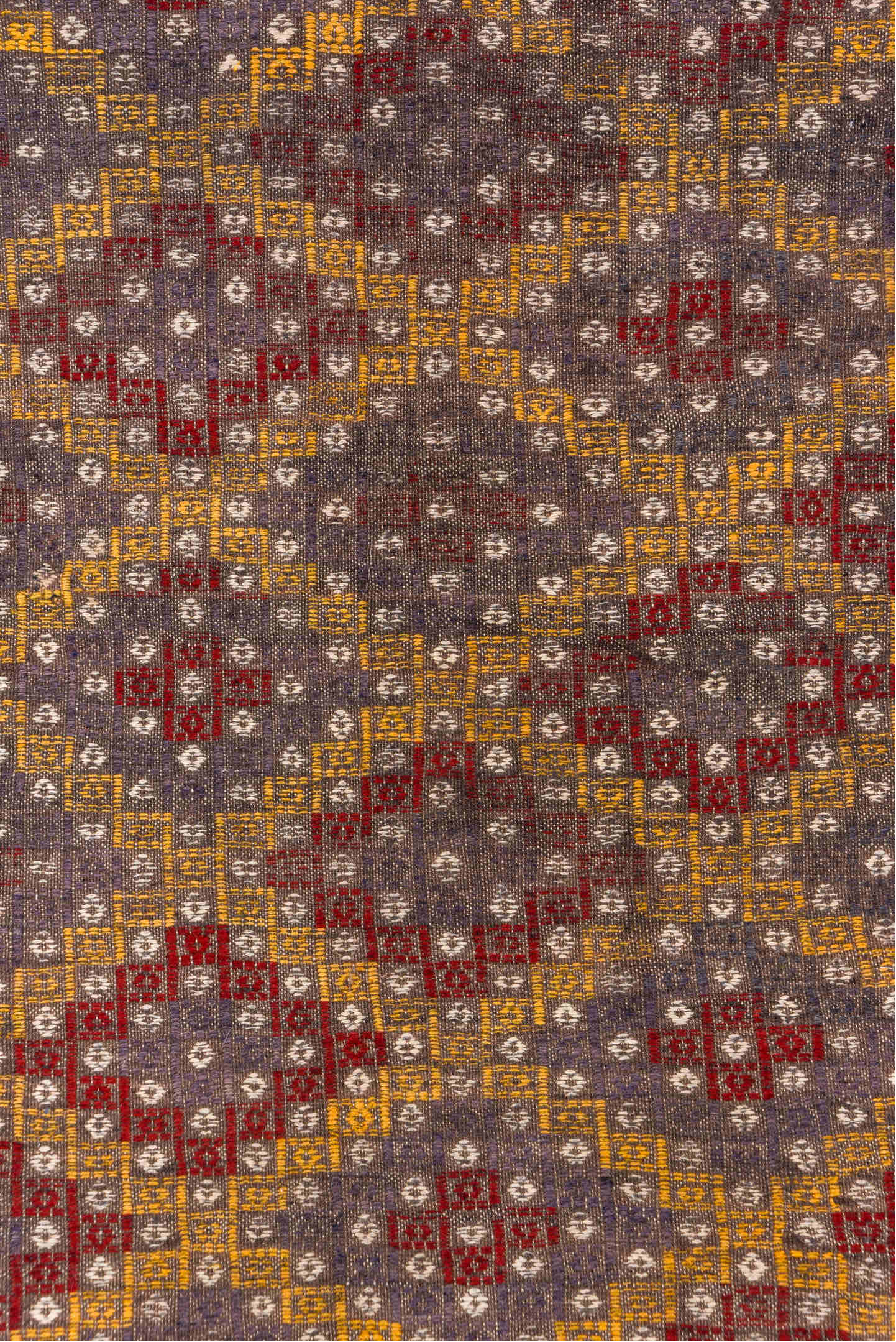 6' x 7' one-of-a-kind handmade vintage Jijim rug. Color palette: brown, gray, light gray, off-white, orange, pink, red, snow