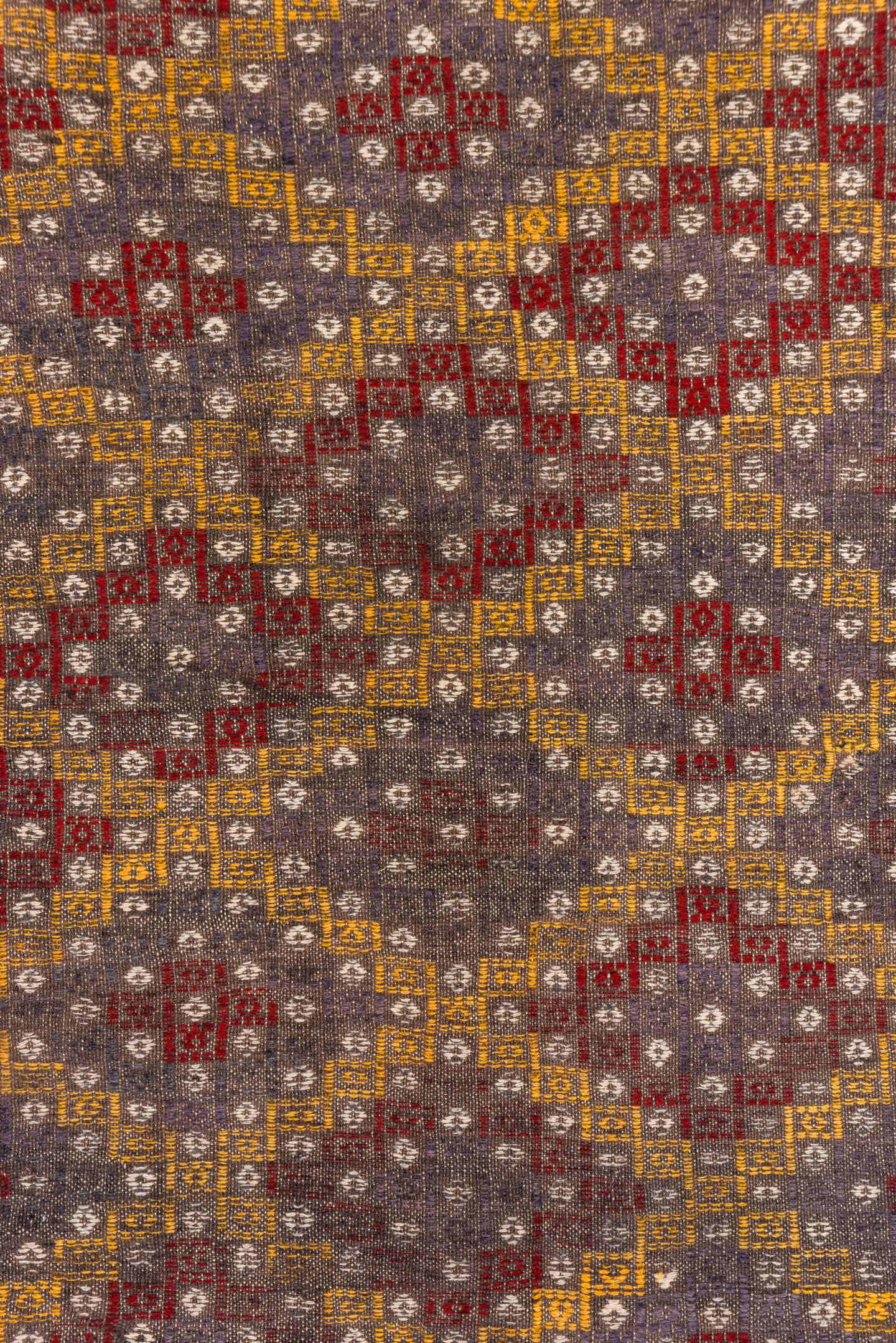 6' x 7' one-of-a-kind handmade vintage Jijim rug. Color palette: taupe, rust, gold, ivory, crimson, brown, beige, gray