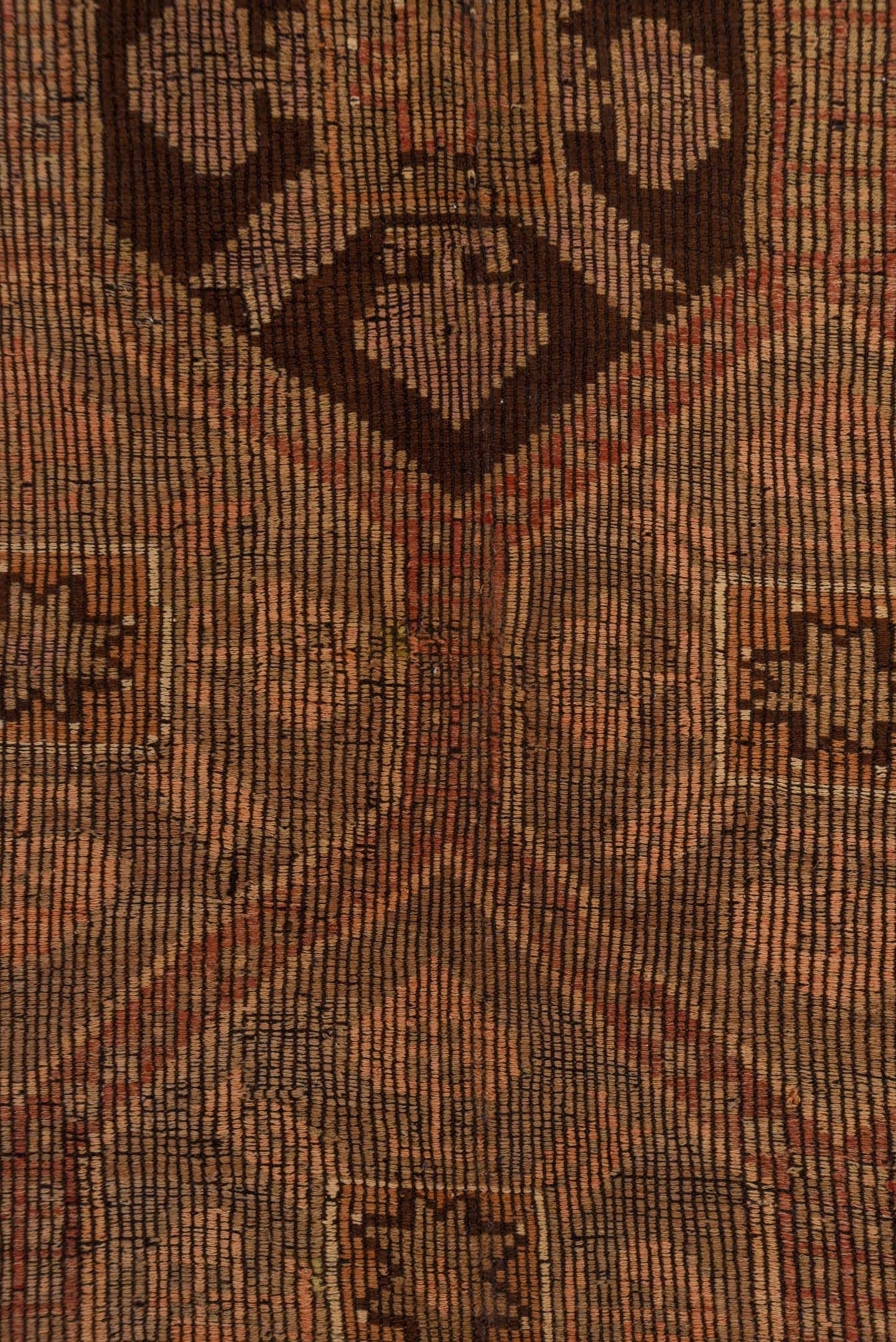 6' x 9' one-of-a-kind handmade vintage Jijim medium size rug. Color palette: camel, taupe, dark brown, terra cotta, rose