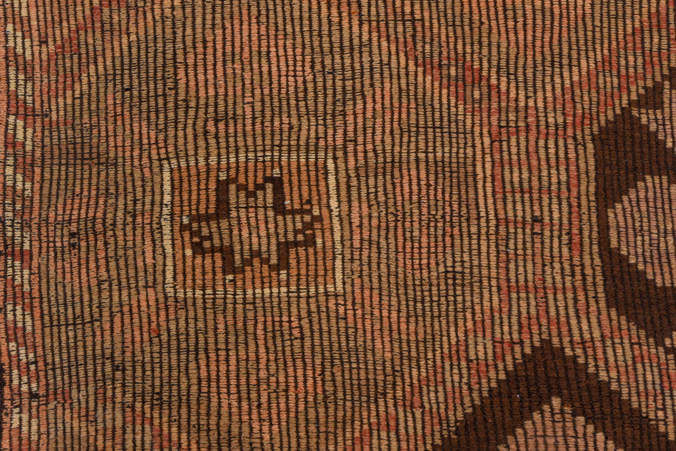 6' x 9' one-of-a-kind handmade vintage Jijim medium size rug. Color palette: camel, taupe, dark brown, terra cotta, rose