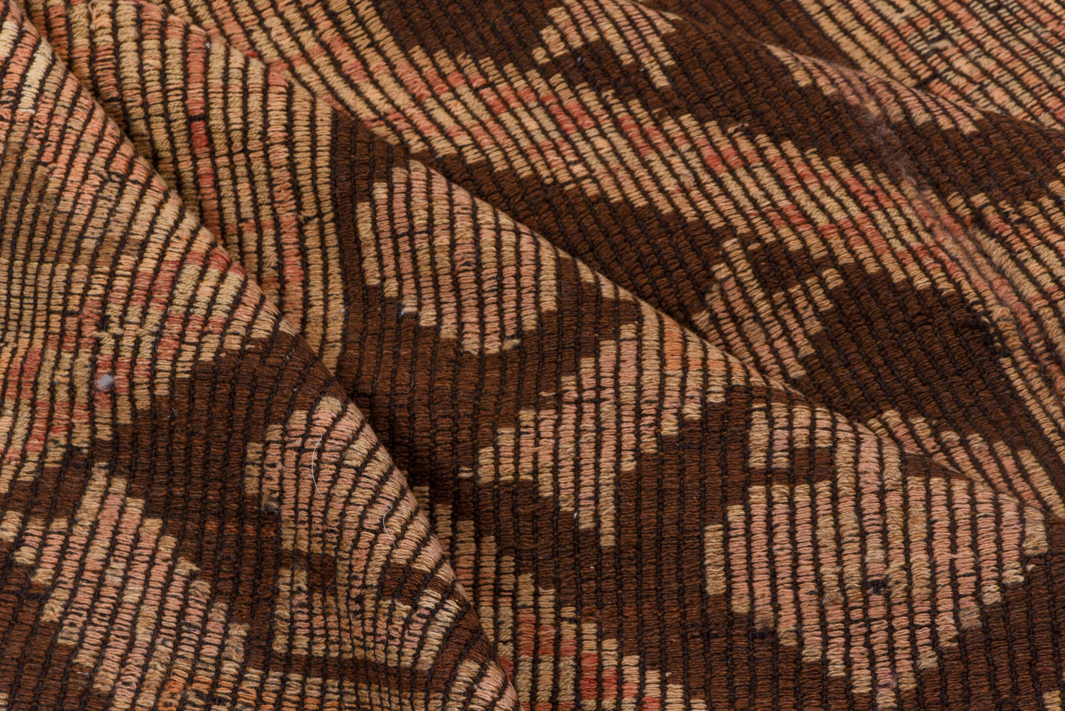 6' x 9' one-of-a-kind handmade vintage Jijim medium size rug. Color palette: camel, taupe, dark brown, terra cotta, rose