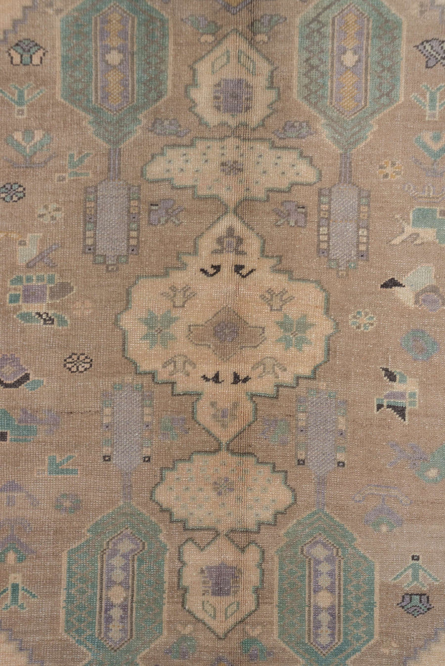 6' x 8' one-of-a-kind handmade vintage Oushak medium size rug. Color palette: ivory, taupe, beige, sage, pale blue, camel