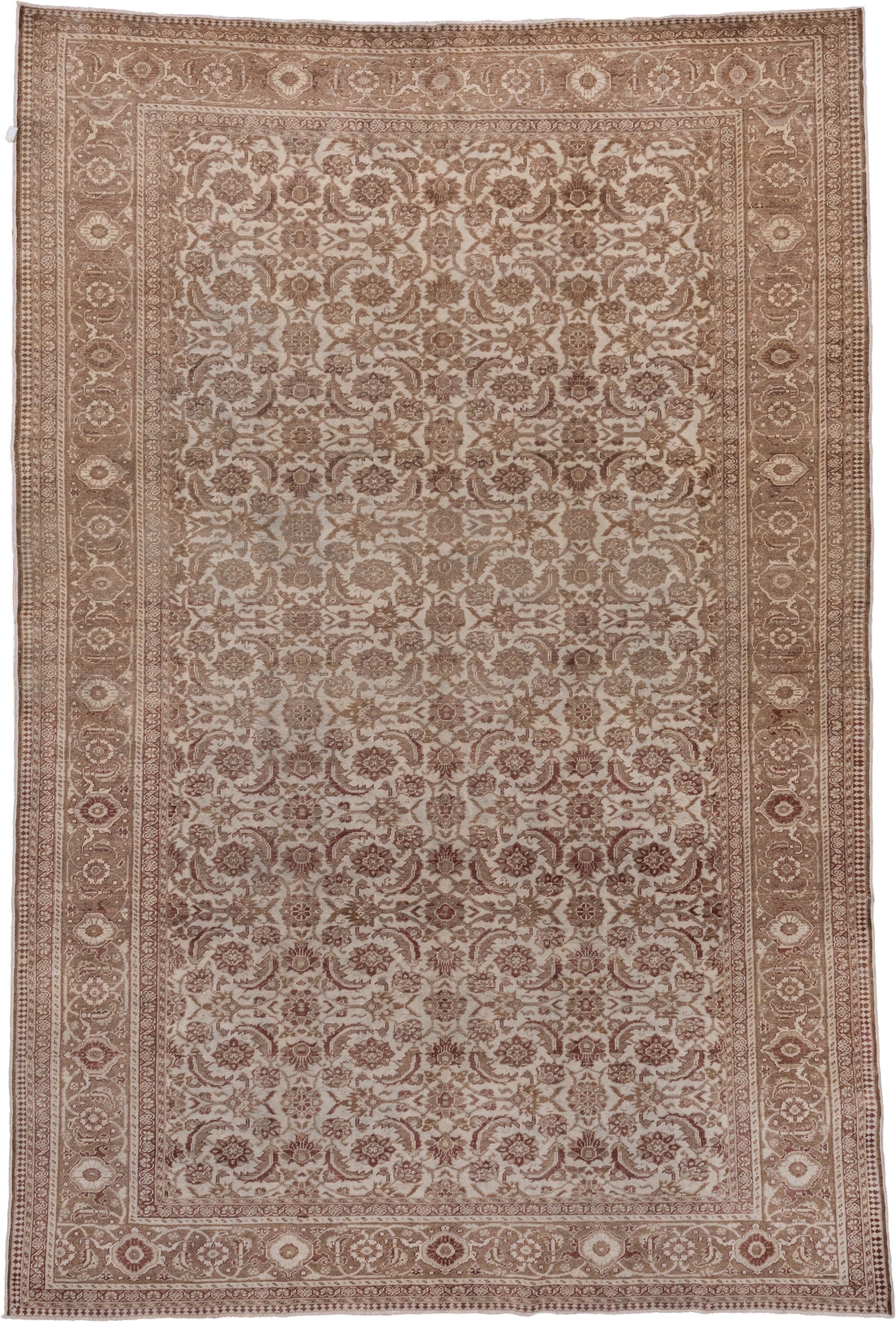 6' x 9' one-of-a-kind handmade antique Kaisary medium size rug. Color palette: taupe, ivory, rose, camel, beige, gray, pink