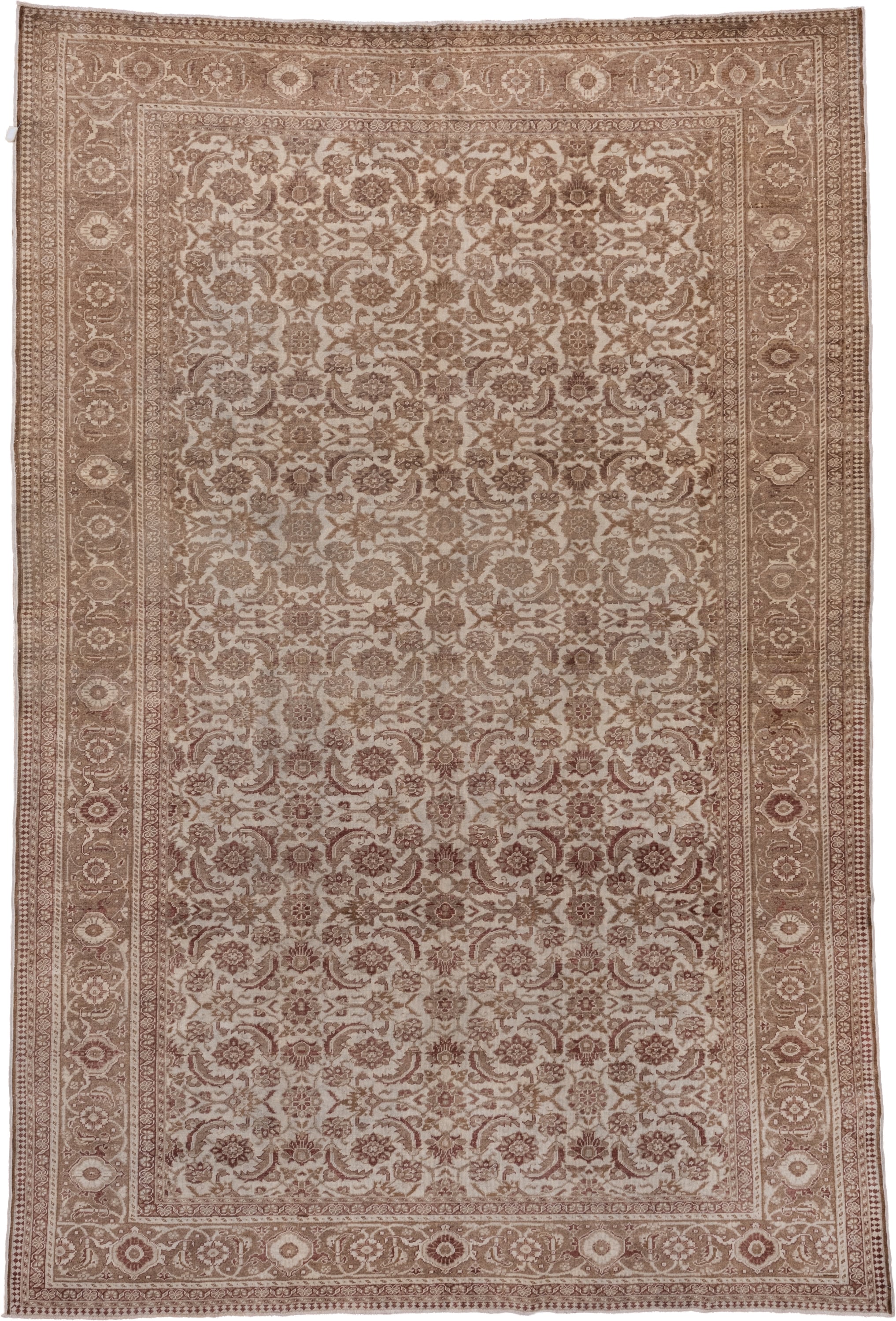 6' x 9' one-of-a-kind handmade antique Kaisary medium size rug. Color palette: taupe, ivory, rose, camel, beige, gray, pink