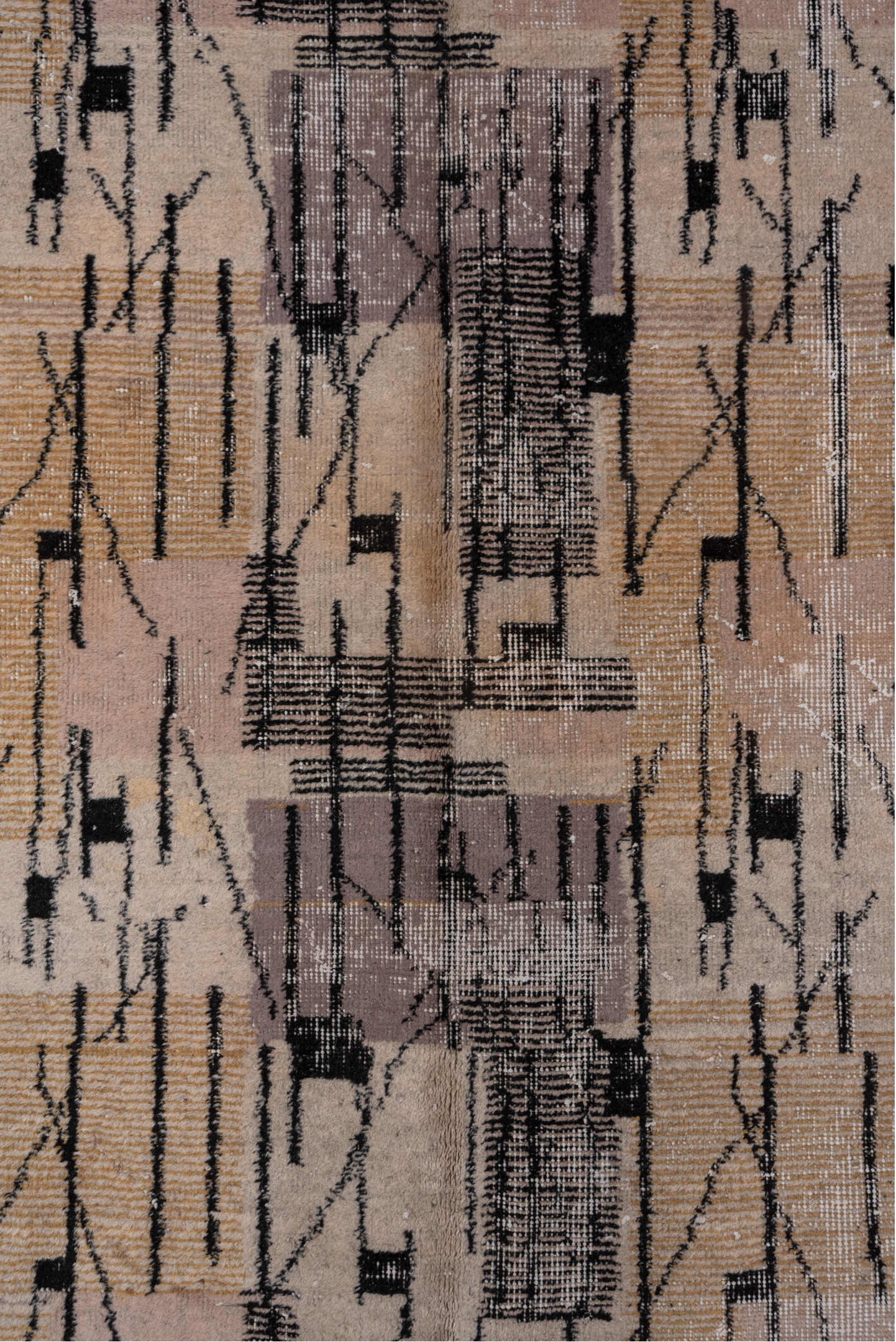 6' x 10' one-of-a-kind handmade vintage Art Deco large size rug. Color palette: black, brown, charcoal, dim gray, gray