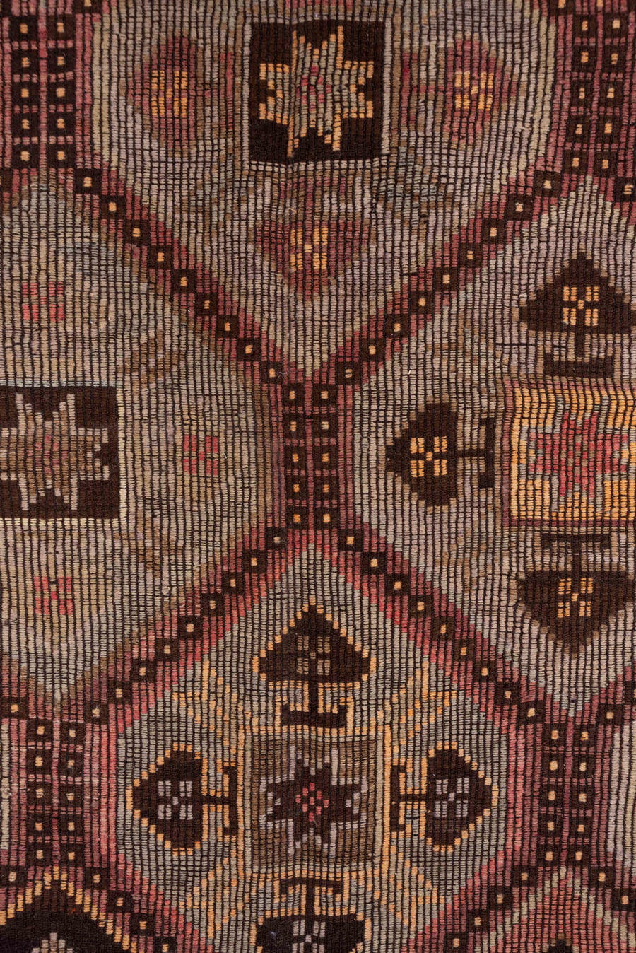 6' x 8' one-of-a-kind handmade vintage Jijim medium size rug. Color palette: taupe, rose, brown, dusty pink, peach, ivory