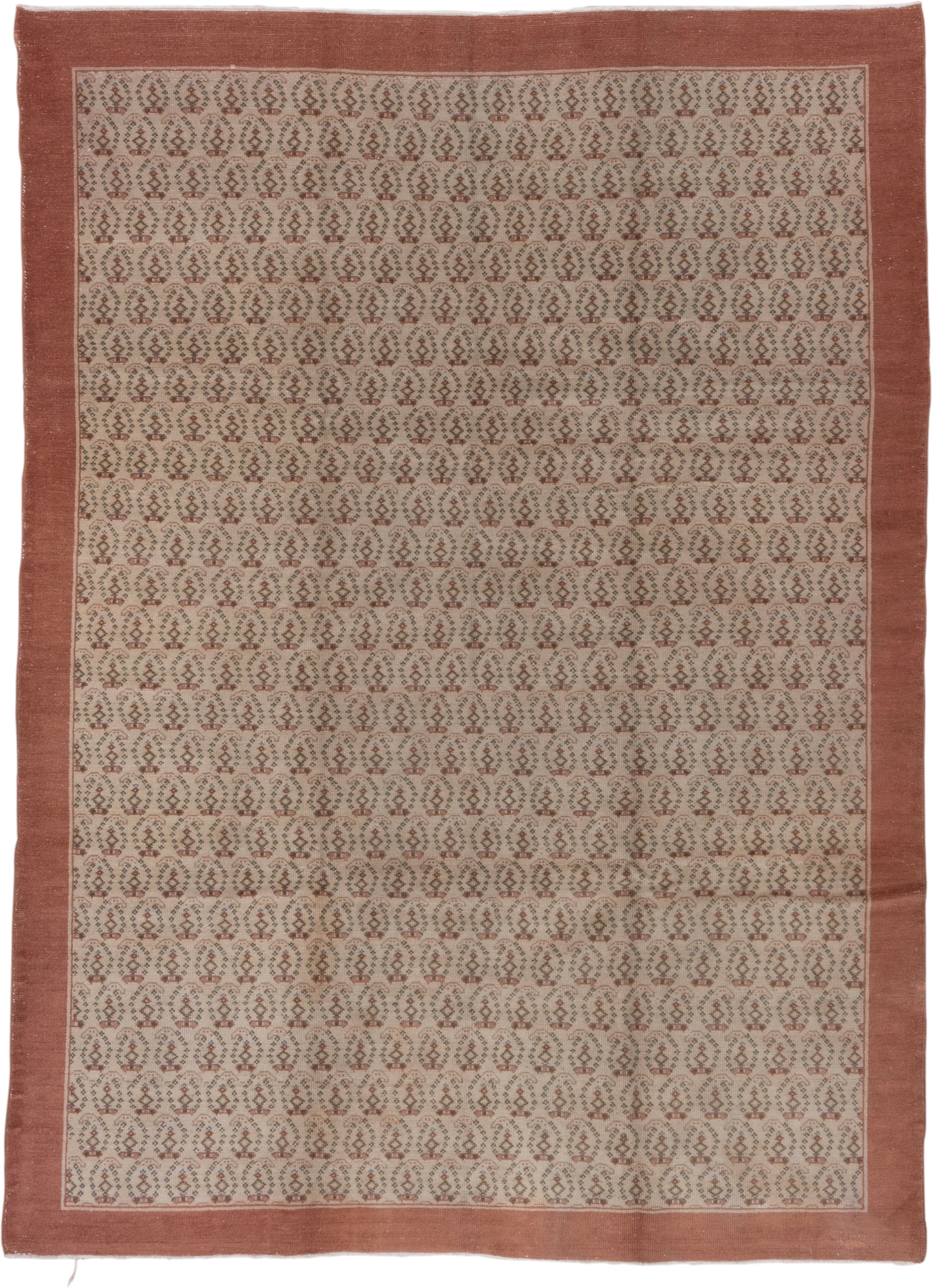 6' x 9' one-of-a-kind handmade vintage Oushak medium size rug. Color palette: dusty rose, ivory, taupe, brown, charcoal