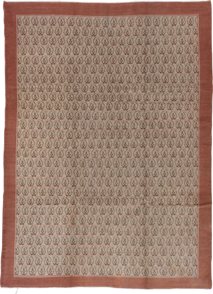 6' x 9' one-of-a-kind handmade vintage Oushak medium size rug. Color palette: brown, gray, light gray, off-white, pink