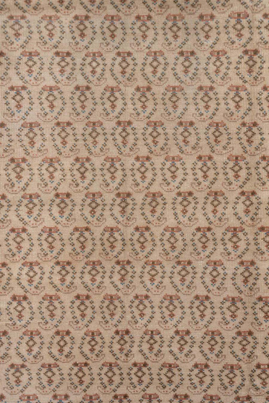 6' x 9' one-of-a-kind handmade vintage Oushak medium size rug. Color palette: dusty rose, ivory, taupe, brown, charcoal