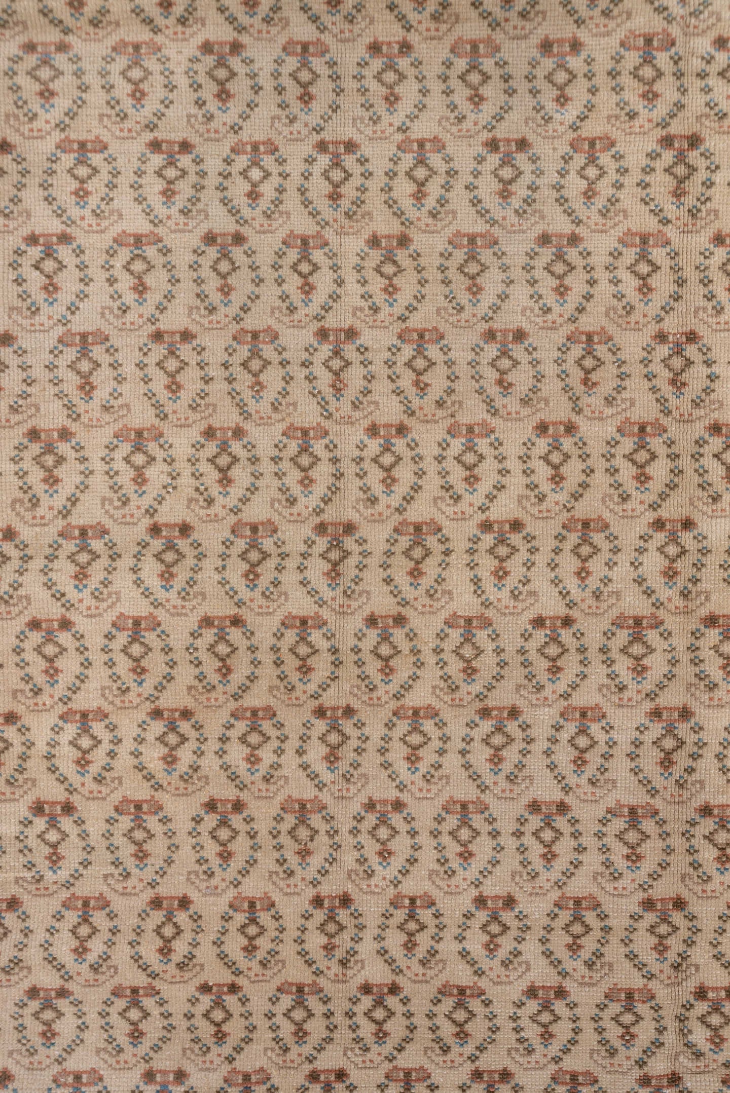 6' x 9' one-of-a-kind handmade vintage Oushak medium size rug. Color palette: dusty rose, ivory, taupe, brown, charcoal
