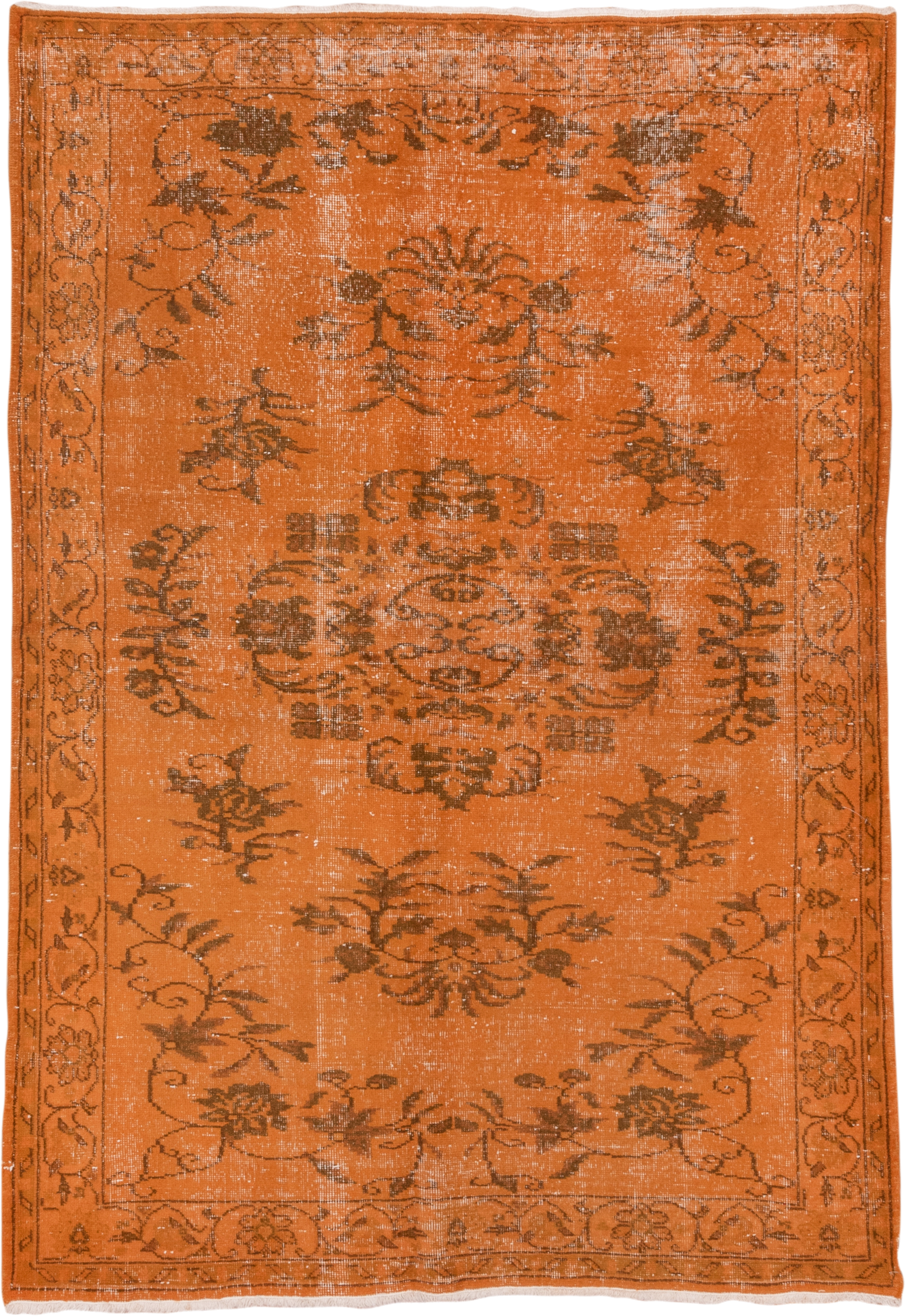 5' x 8' one-of-a-kind handmade vintage Overdyed medium size rug. Color palette: terra cotta, rust, sienna, camel, taupe