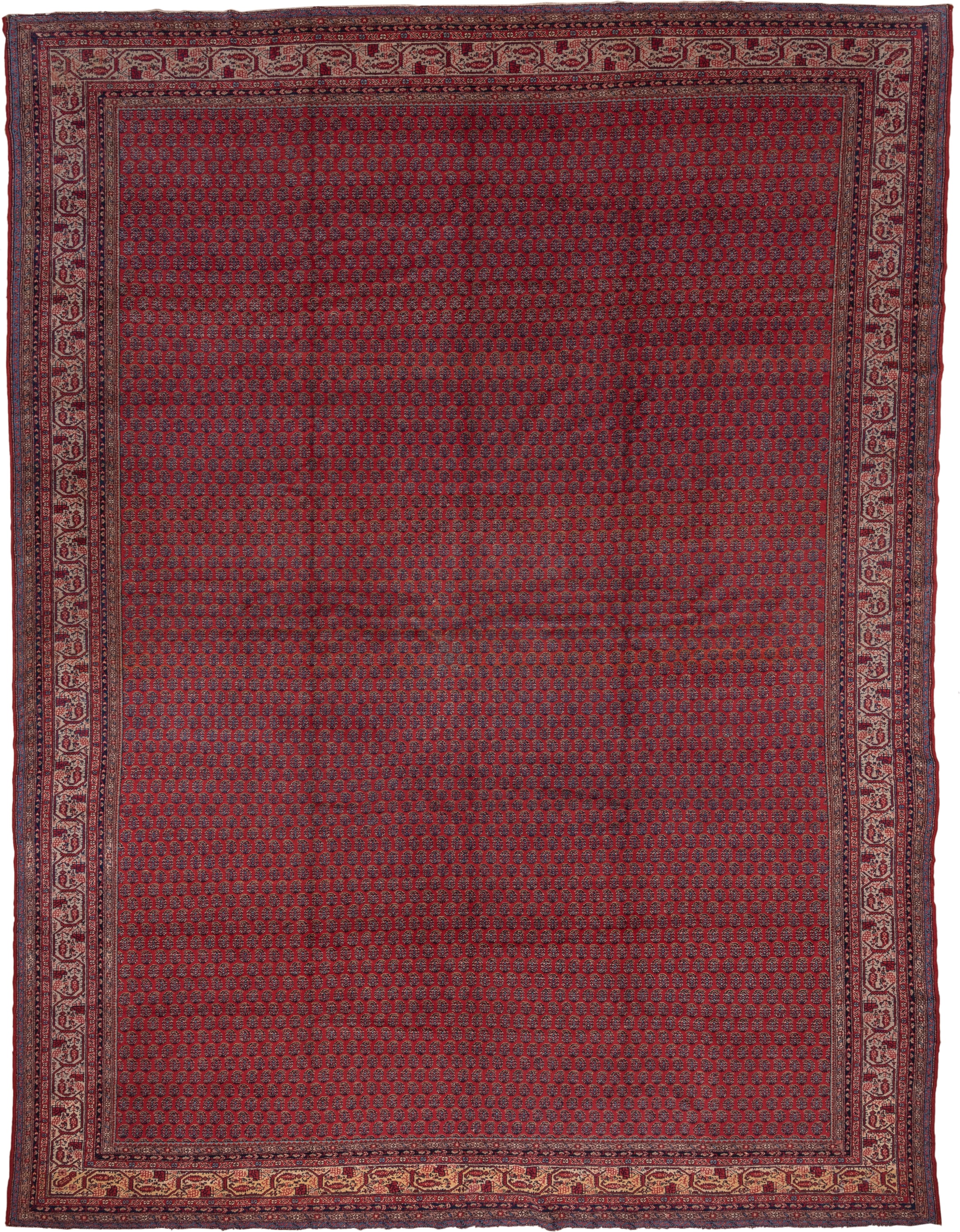 12' x 16' one-of-a-kind handmade antique Saraband oversize rug. Color palette: red, navy, ivory, burgundy, rust, camel, blue