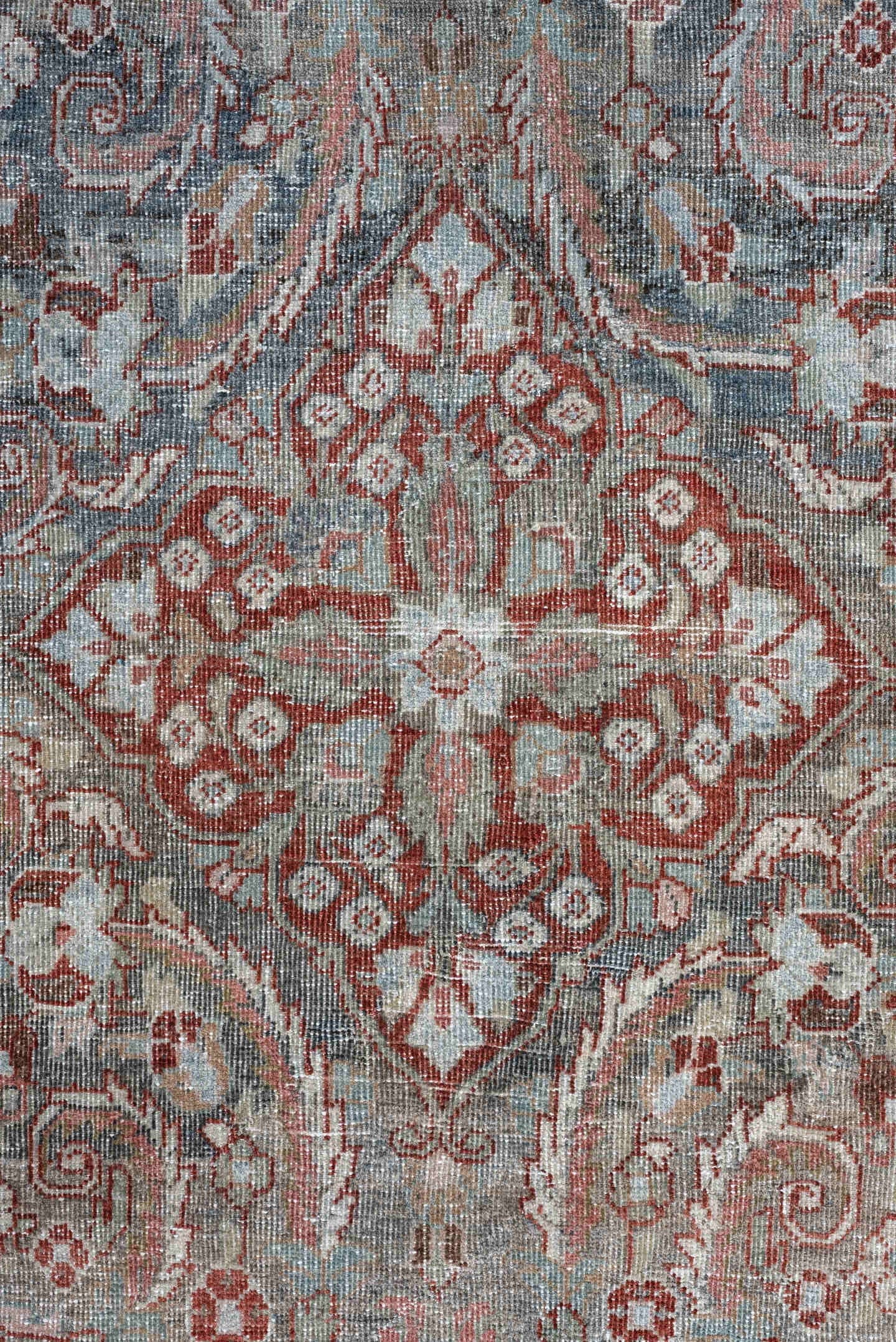 4' x 6' one-of-a-kind handmade antique Mahal rug. Color palette: blue gray, terracotta, ivory, sage, taupe, rust, gray, blue