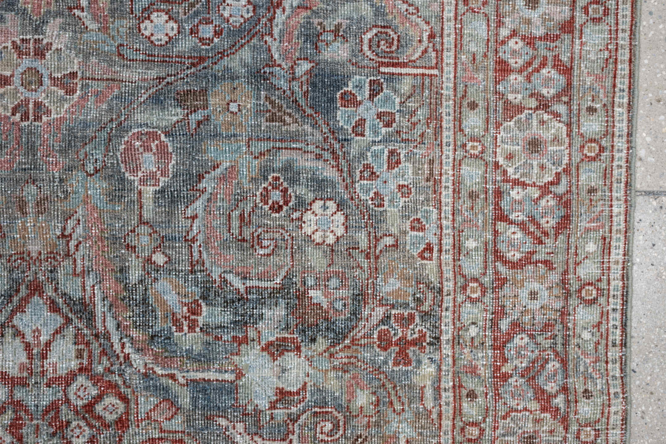 4' x 6' one-of-a-kind handmade antique Mahal rug. Color palette: blue gray, terracotta, ivory, sage, taupe, rust, gray, blue