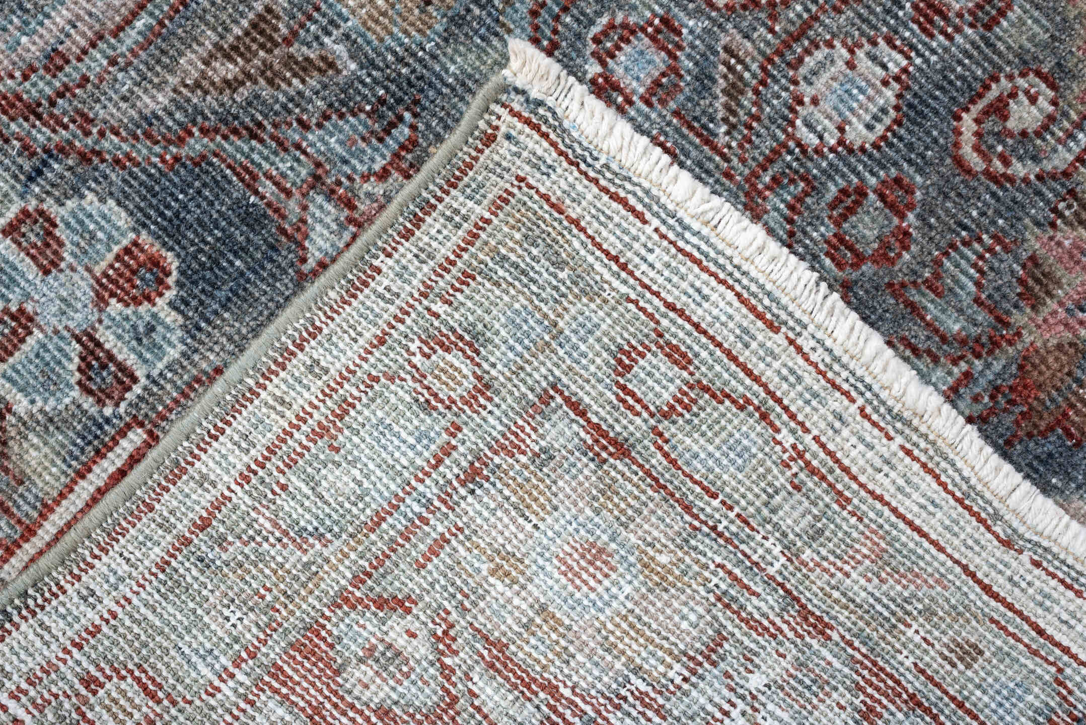 4' x 6' one-of-a-kind handmade antique Mahal rug. Color palette: blue gray, terracotta, ivory, sage, taupe, rust, gray, blue