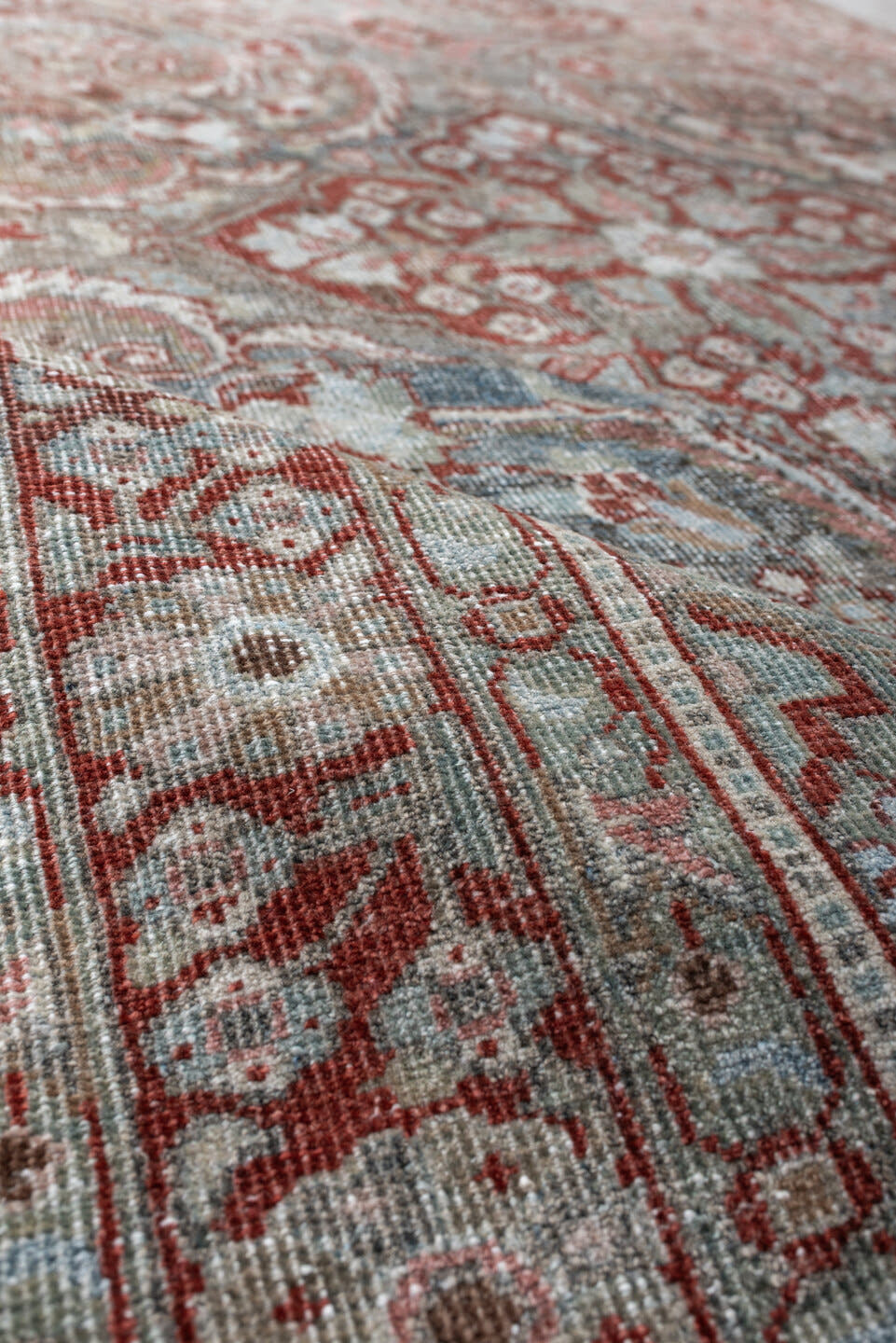 4' x 6' one-of-a-kind handmade antique Mahal rug. Color palette: blue gray, terracotta, ivory, sage, taupe, rust, gray, blue