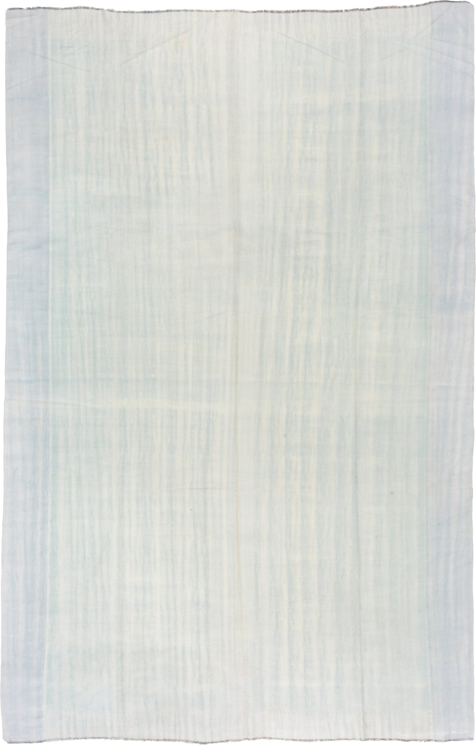 9' x 14' one-of-a-kind handmade antique Dhurrie large size rug. Color palette: ivory, pale blue, sky blue, light blue