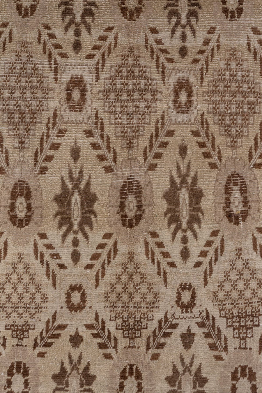 4' x 9' one-of-a-kind handmade vintage Oushak runner rug. Color palette: ivory, taupe, brown, beige, gray