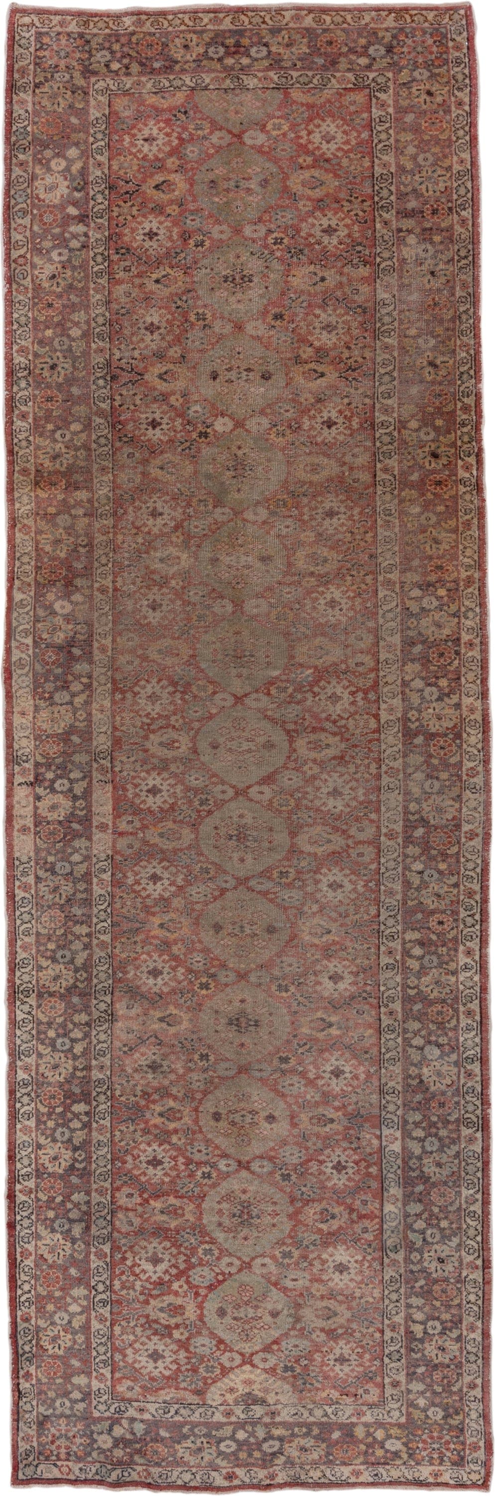 4' x 12' one-of-a-kind handmade vintage Oushak runner rug. Color palette: rose, ivory, dusty blue, taupe, rust, slate, beige