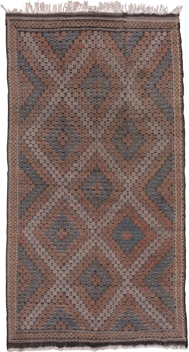 6' x 11' one-of-a-kind handmade vintage Jijim large size rug. Color palette: brown, rust, slate, ivory, charcoal, blue